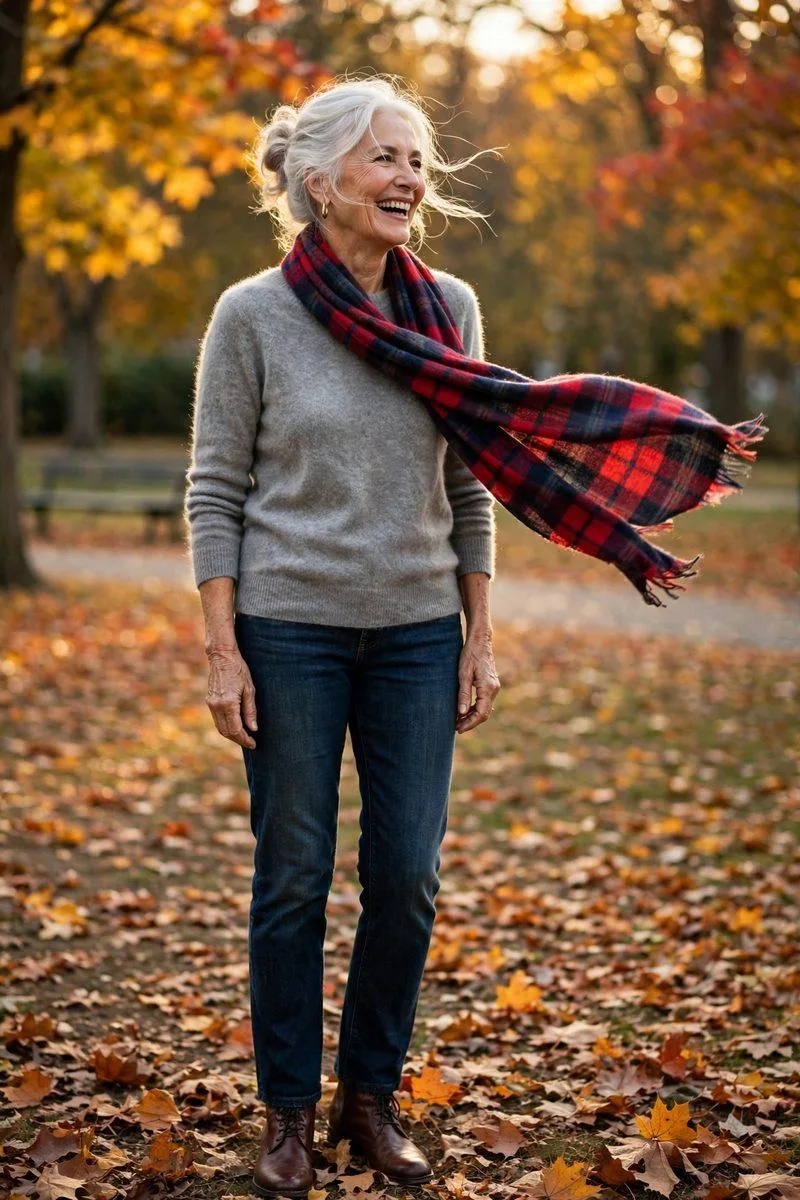 Woman in her mid-60s with white hair in a bun, grey cashmere sweater, red-and-navy plaid scarf and dark jeans