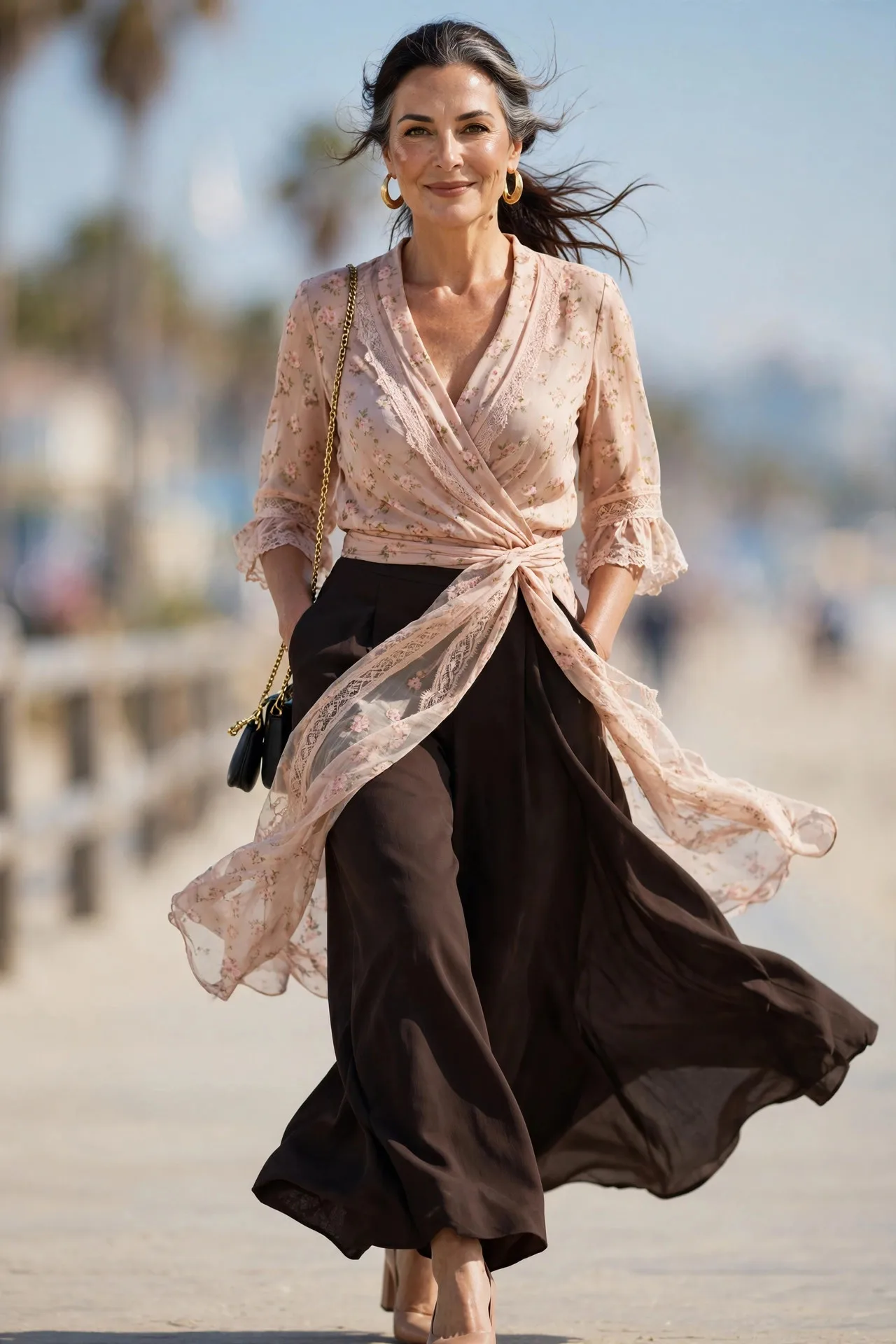Petal Print Lesson — A blush-pink floral wrap blouse in a small-scale ditsy print with dark espresso wide-leg crepe trousers, nude heels and a chain-strap bag.