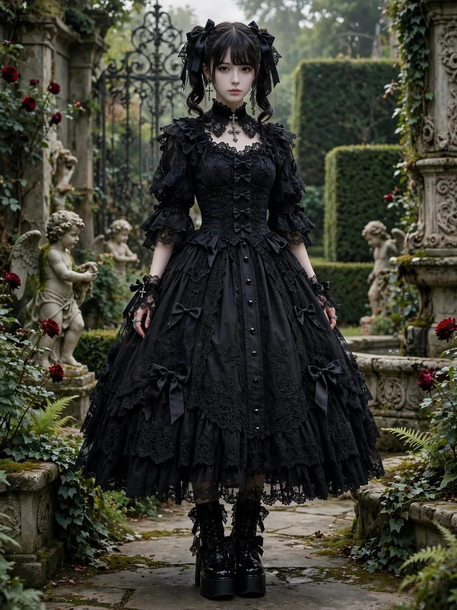 Gothic Lolita-inspired black dress with lace details and platform boots.