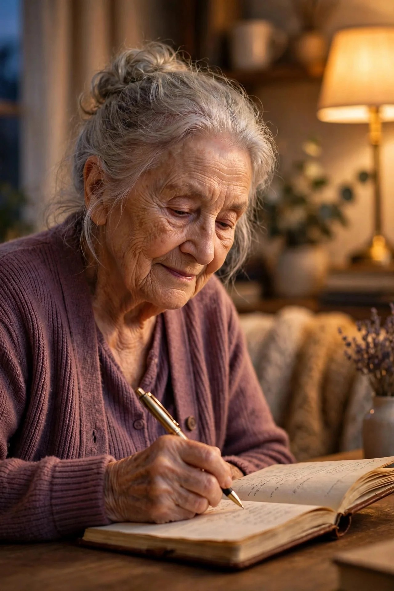 Senior woman reviewing her planner quietly before bedtime.