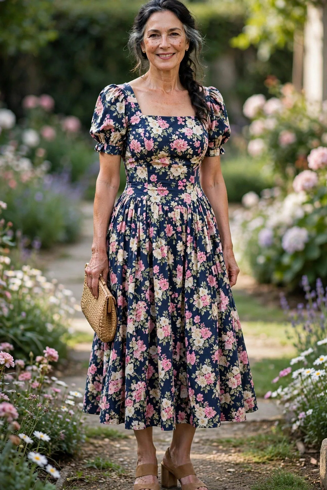 Warm smiling woman in a floral tea-length dress among garden blooms