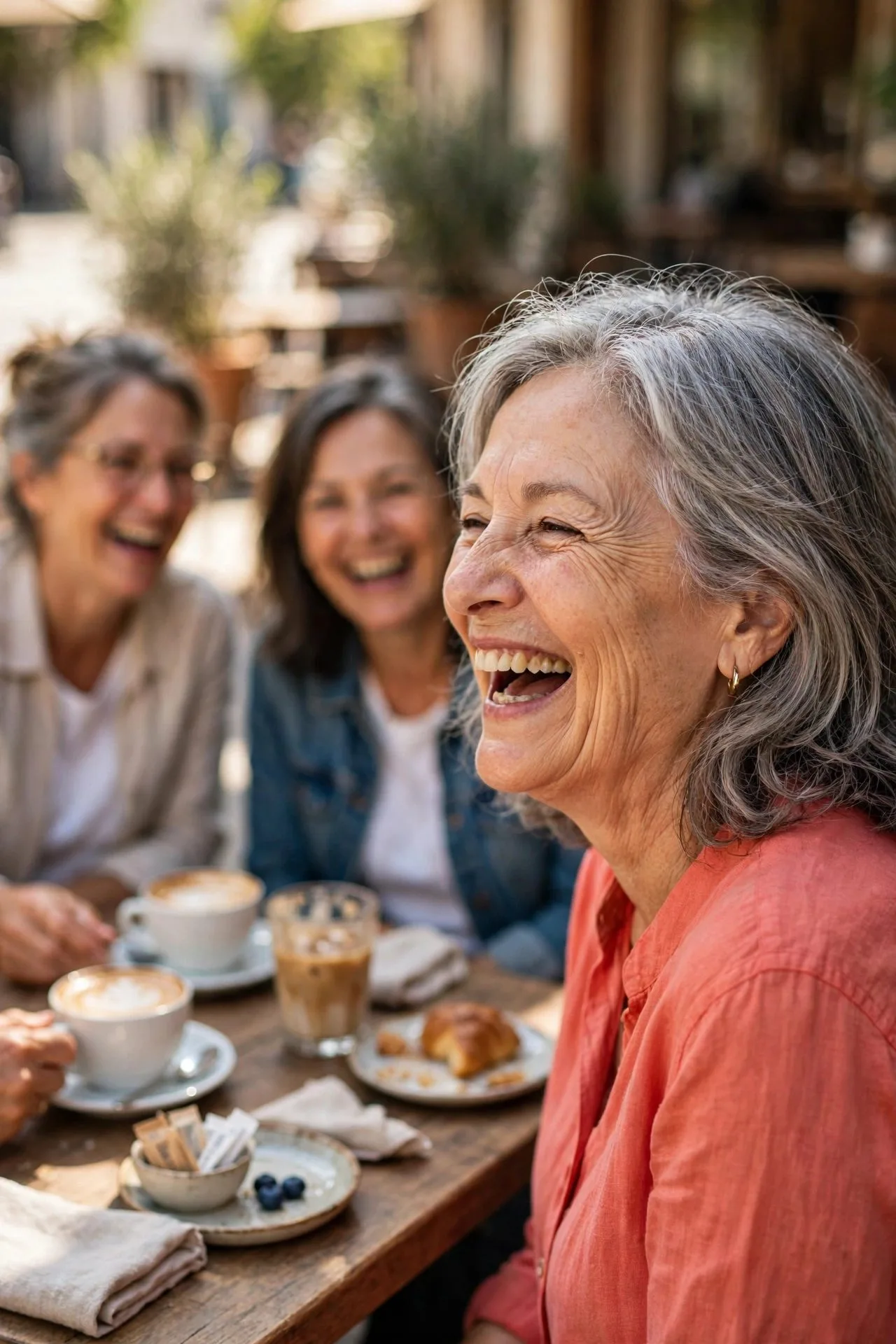 Laughing older woman with friends sharing joyful moment together