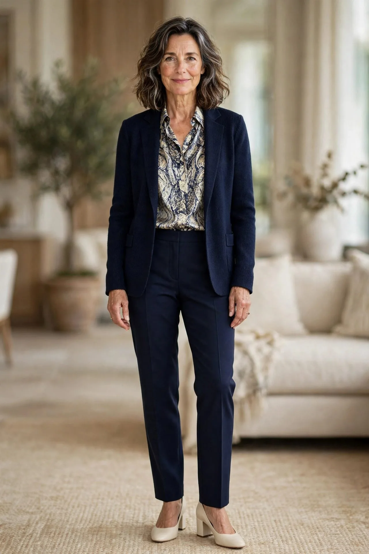 Woman over 50 in patterned silk blouse with navy trousers