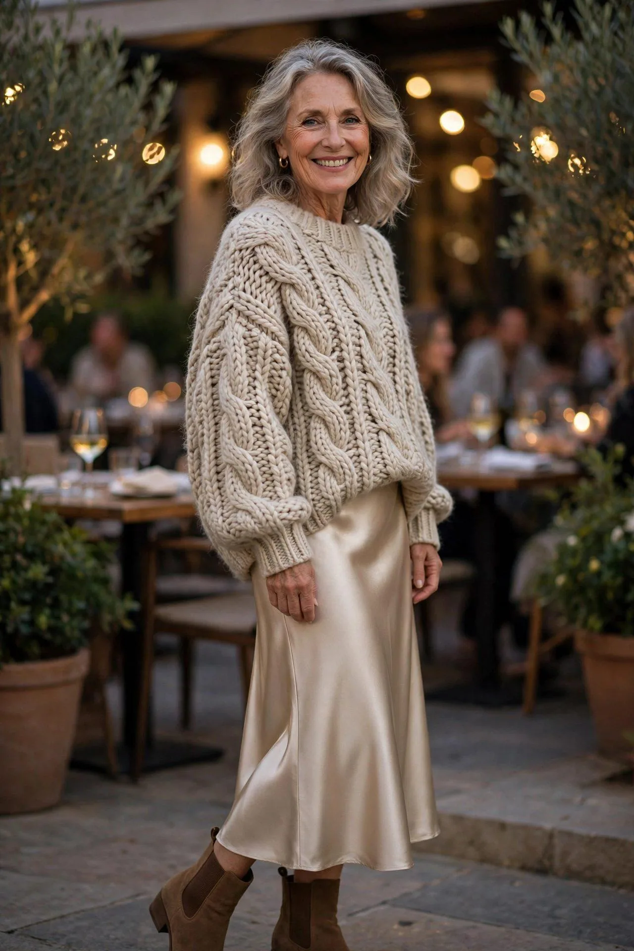 Mature woman pairing lustrous champagne skirt with cozy knit