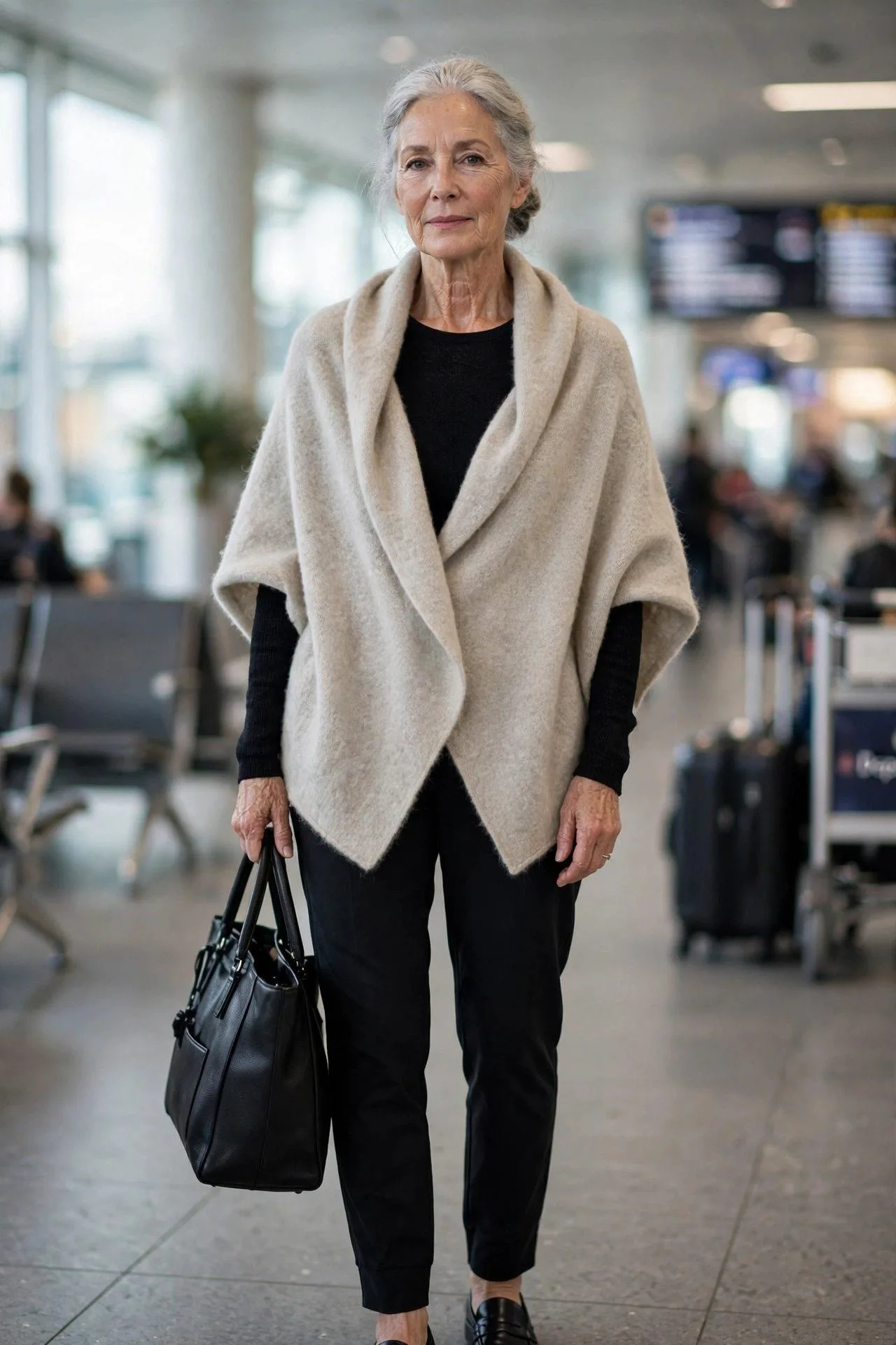Travel-ready woman over 60 wrapped in an oatmeal cashmere shawl over black basics.