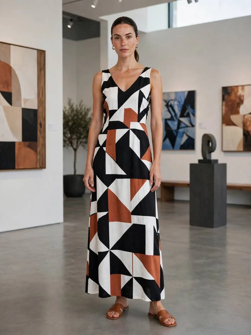 Bold geometric print maxi dress with solid accessories and sleek ponytail.