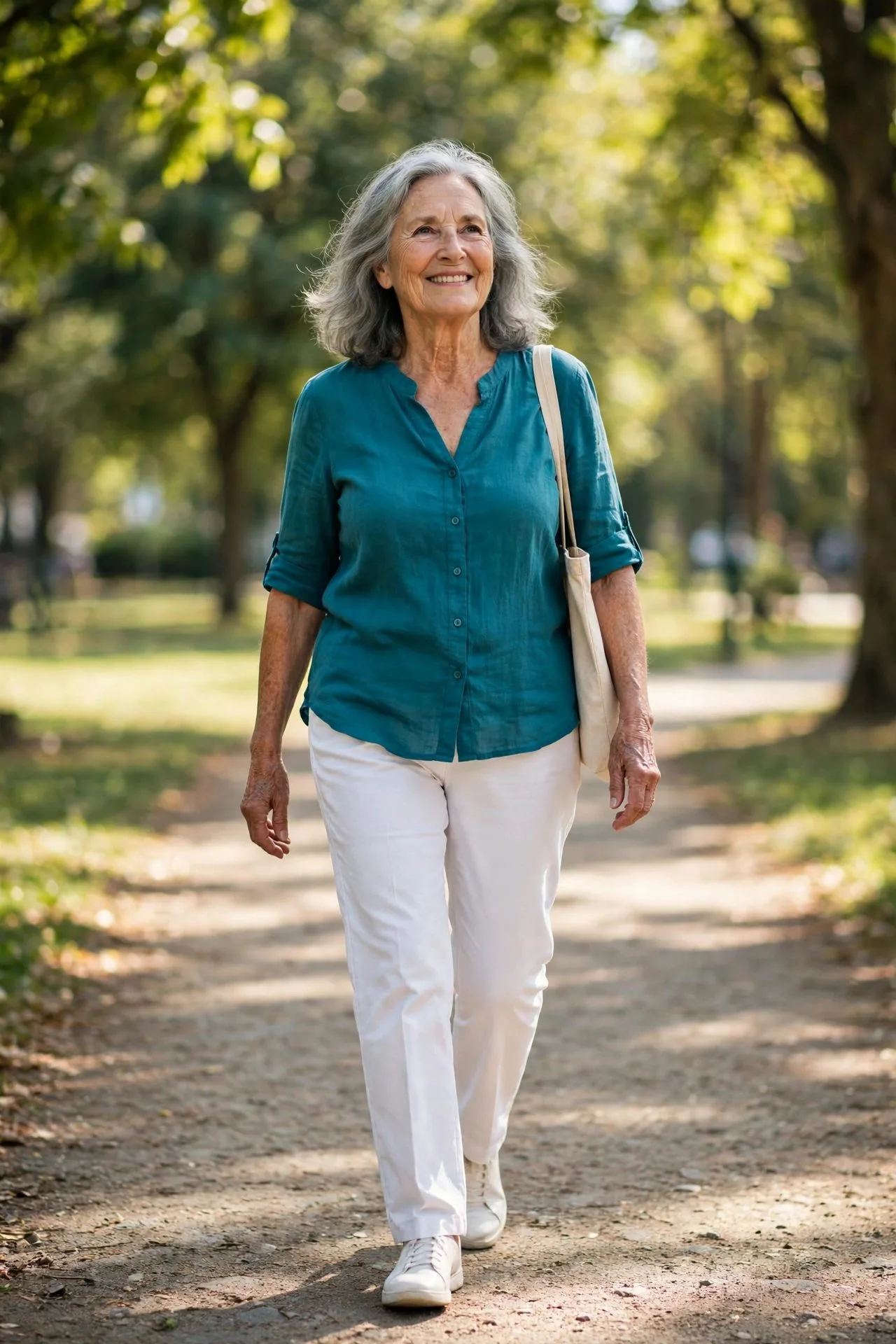Serene senior woman walking away from past toward sunrise