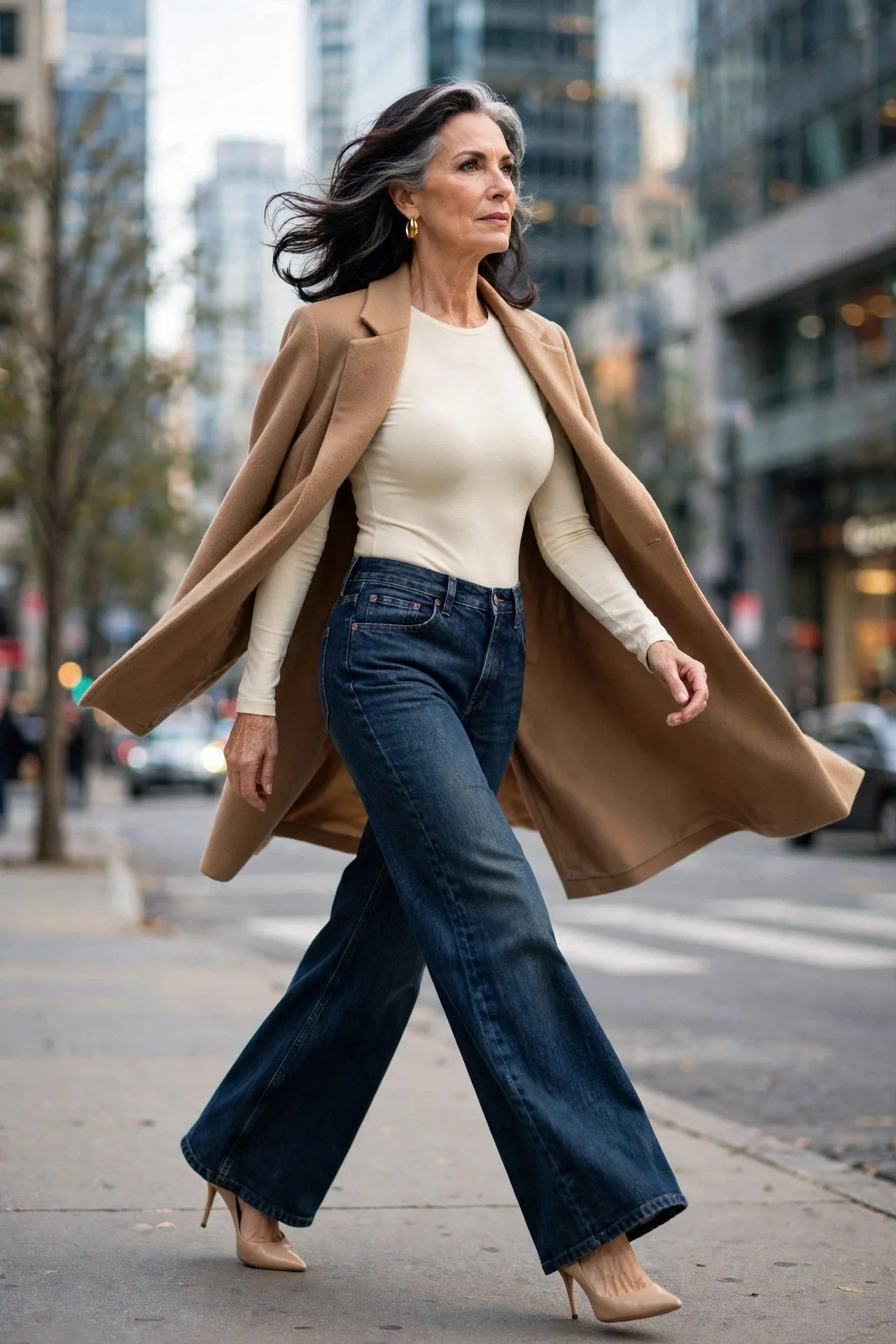 Powerful mature woman striding in dark wide-leg jeans with cream bodysuit and camel coat