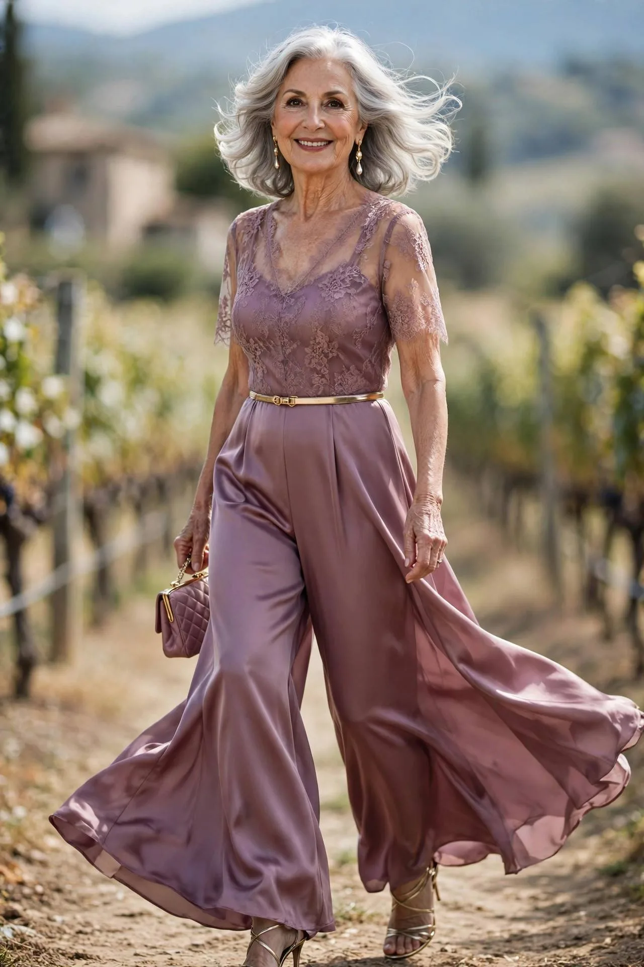 Mature woman in mauve satin palazzo jumpsuit with metallic belt