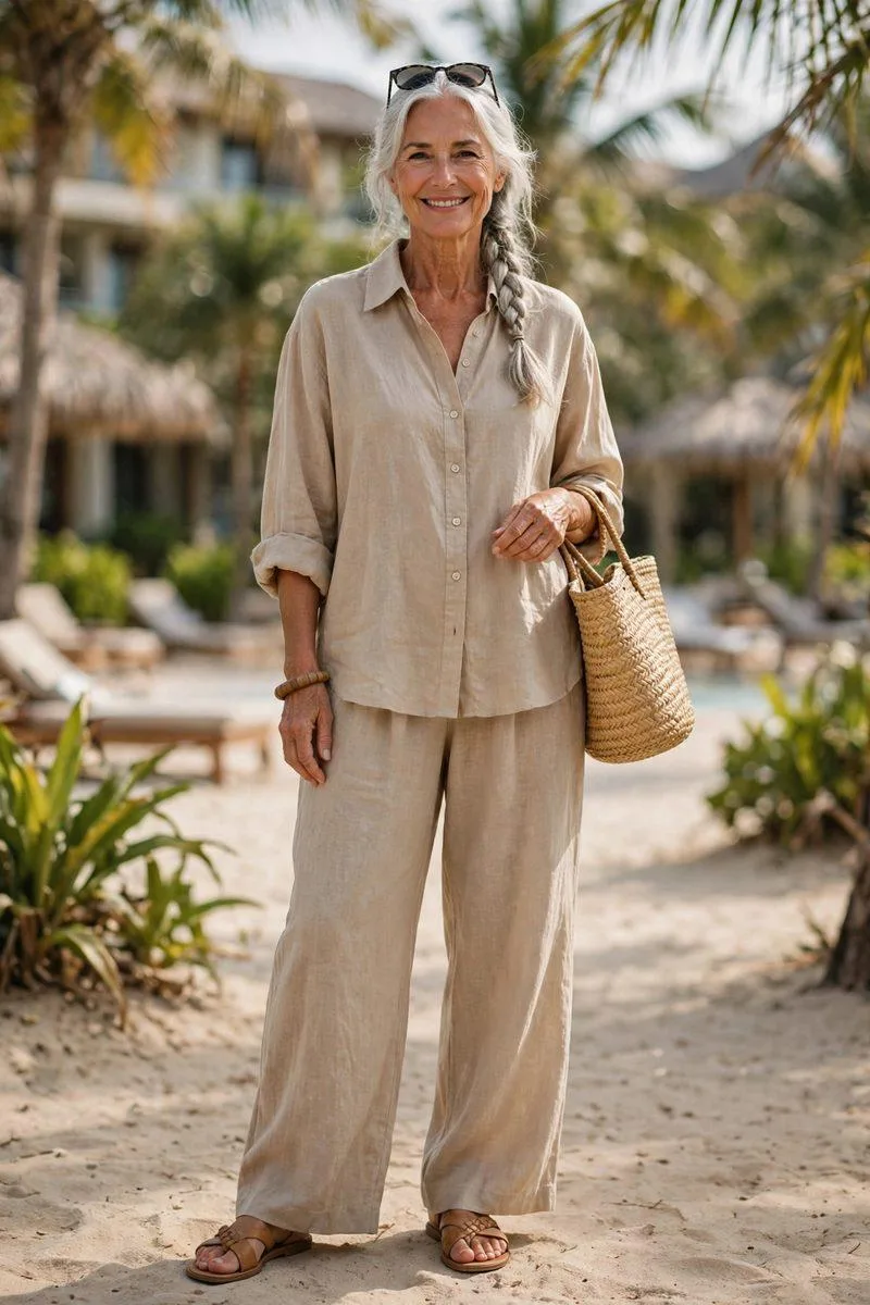 Woman in her early 60s with a long silver braid in an oversized sand linen shirt and wide-leg linen trousers