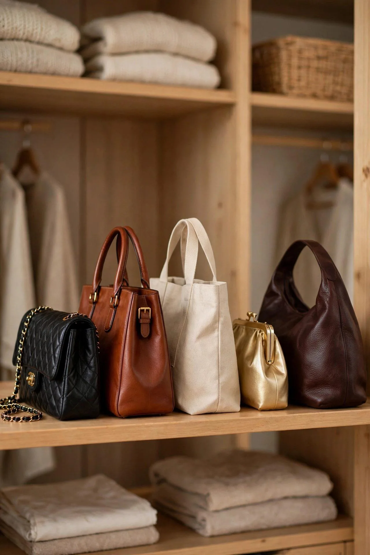 Tasteful lineup of five essential purses — everyday, work, casual, evening and statement — on a wardrobe shelf.