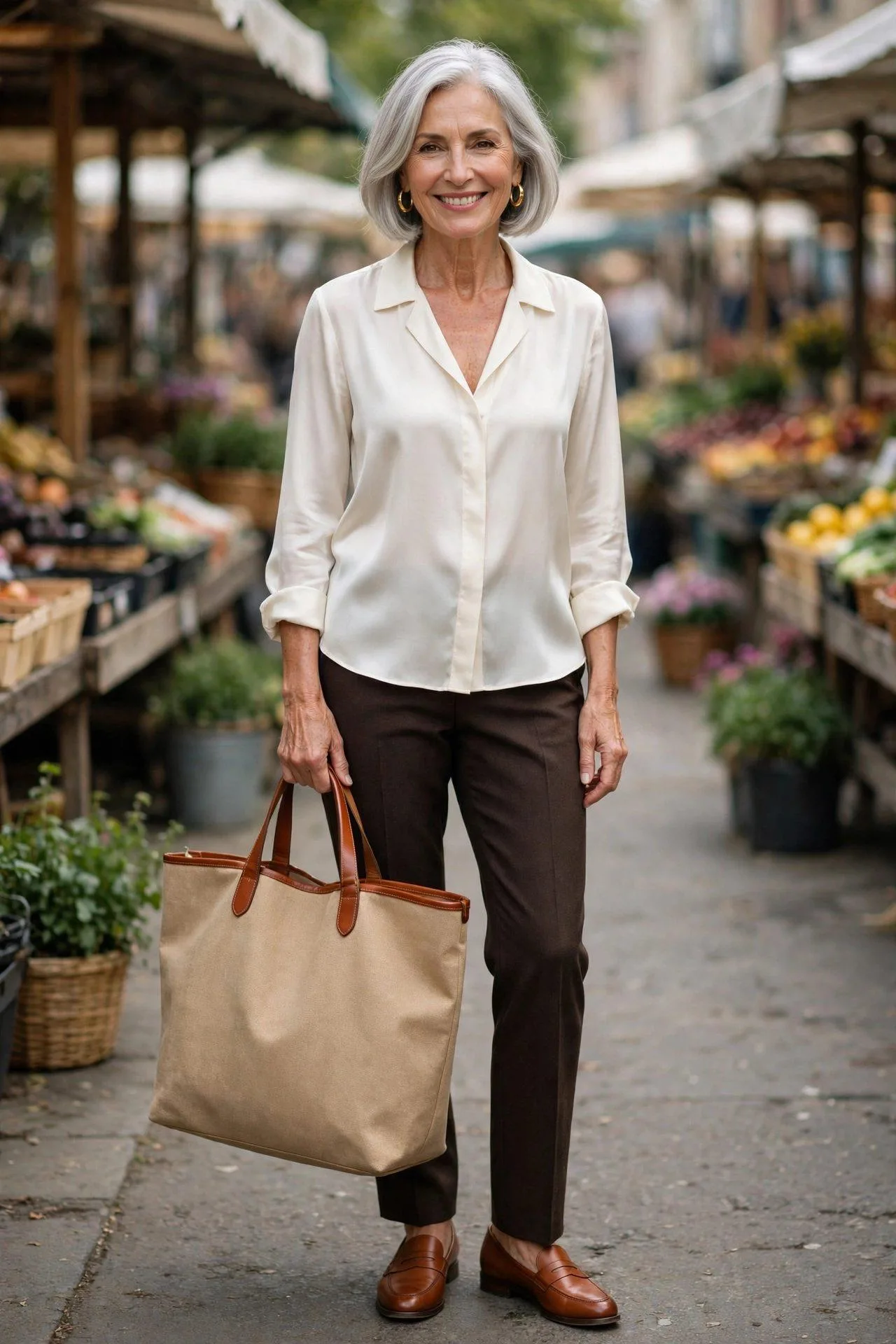 Self-assured older woman with a roomy featherlight canvas carryall trimmed in leather at an open-air market.