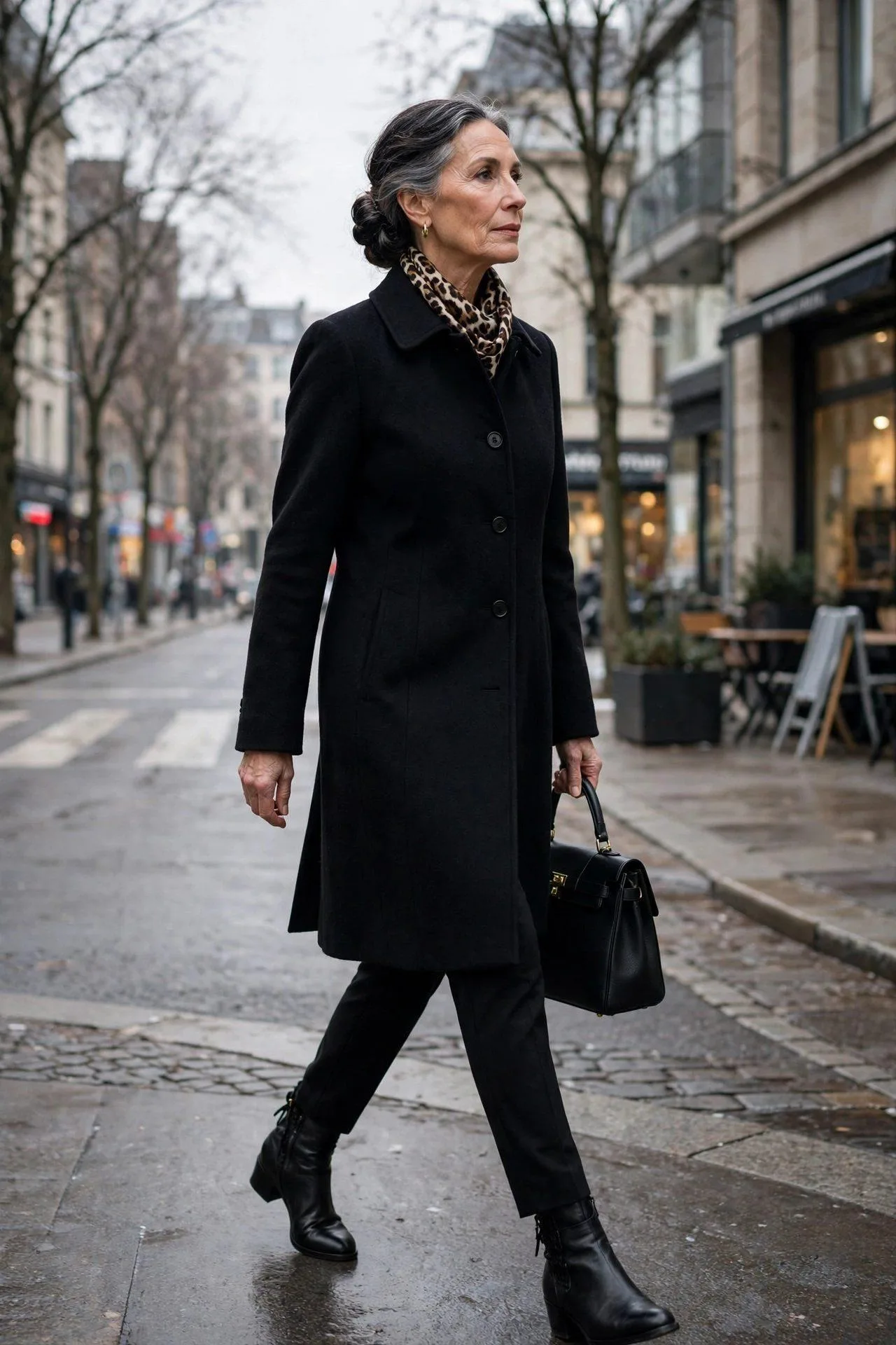 Leopard Print Scarf + Black Wool Coat