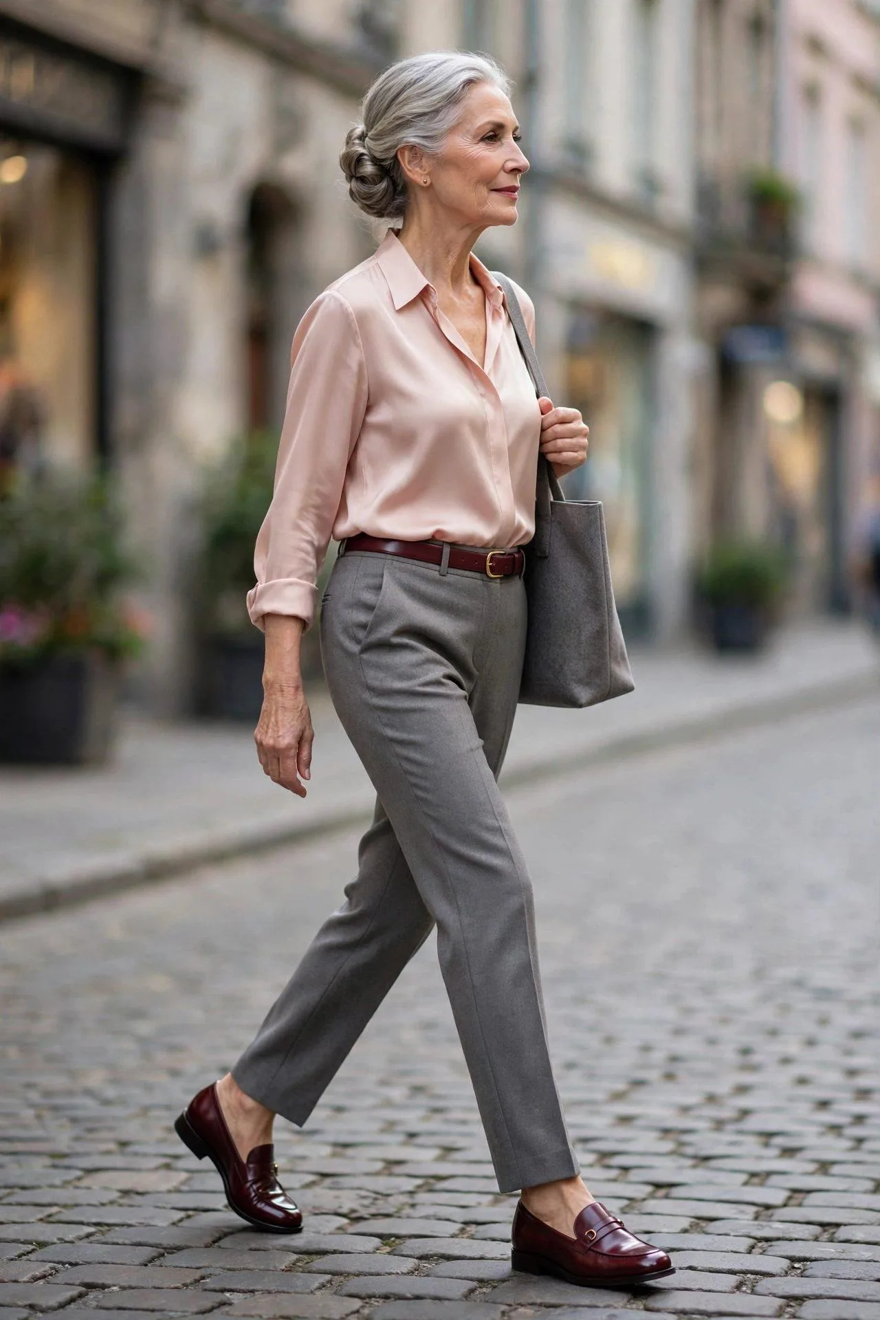 Well-groomed mature woman highlighting polished oxblood loafers