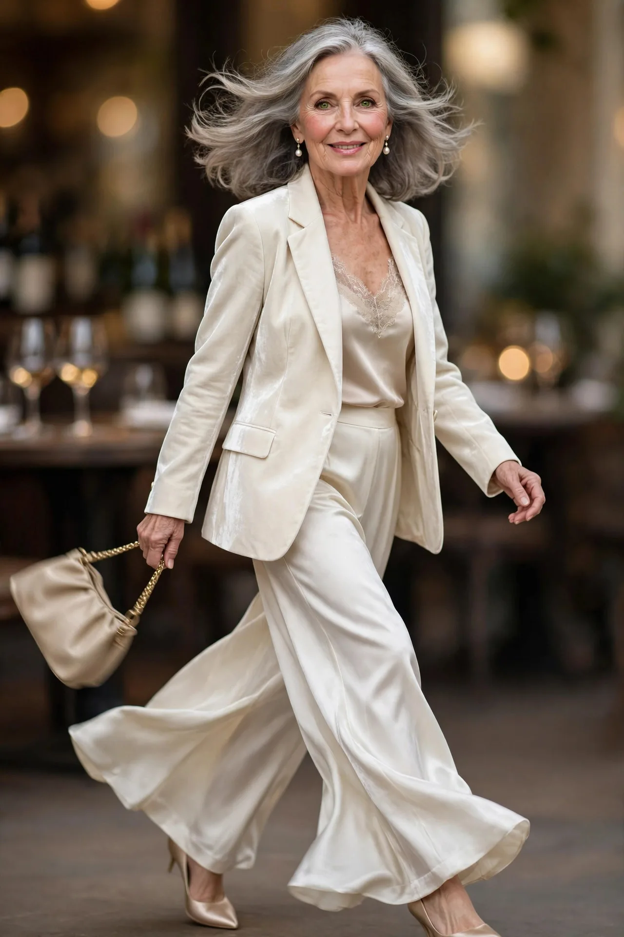 Pearl White Party — An ivory-white velvet single-breasted blazer worn over a champagne silk camisole with ivory silk wide-leg trousers, finished with champagne satin pointed-toe pumps.