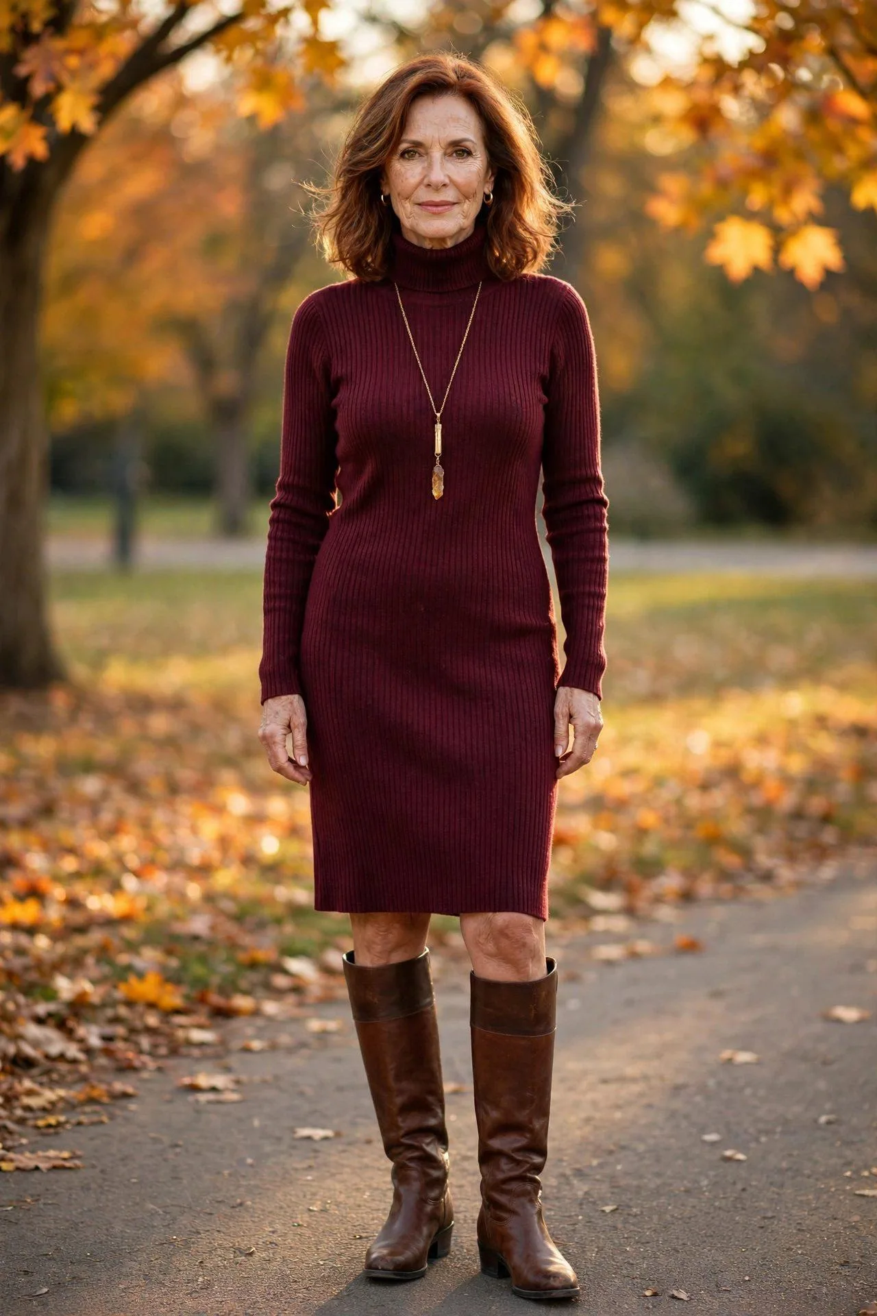 Woman in 50s wearing ribbed burgundy sweater dress with tall brown boots