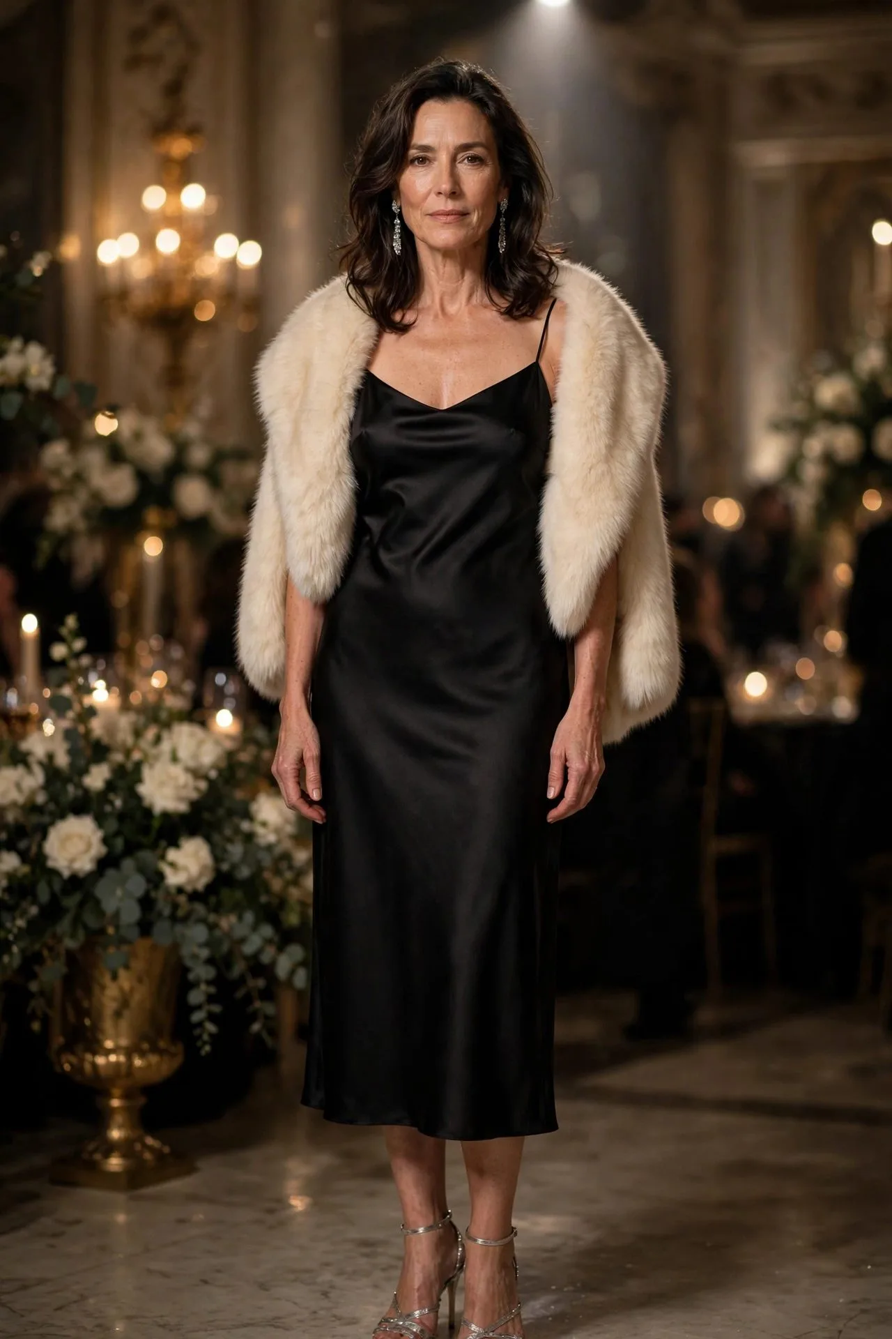 Woman in black satin slip dress with faux fur stole