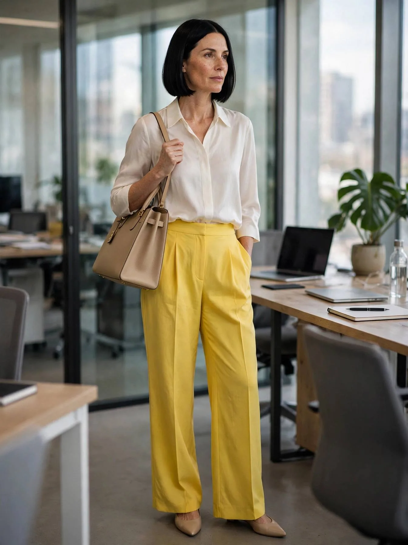 Woman wearing yellow wide-leg trousers with an ivory blouse.