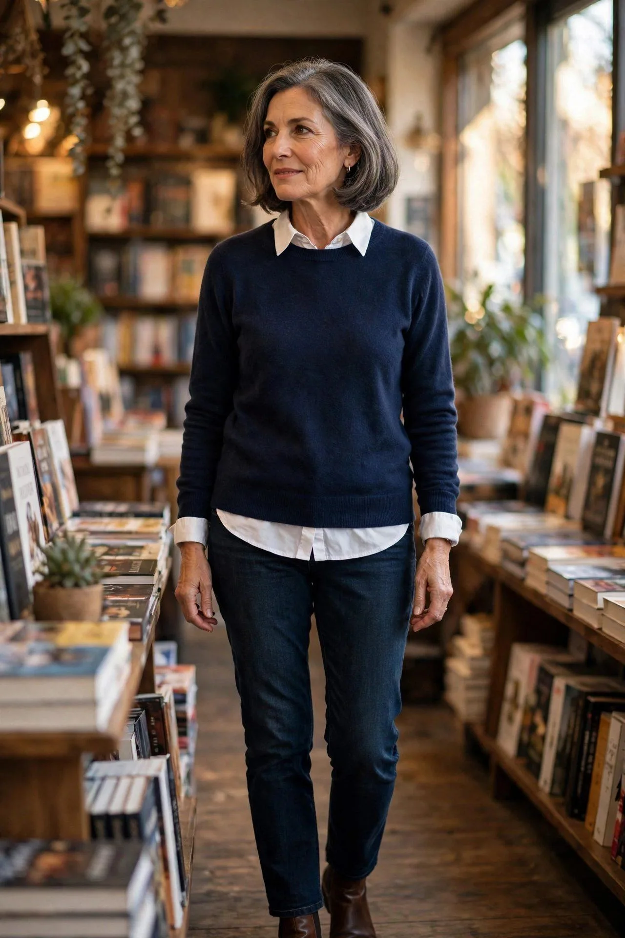 Preppy mature look: navy knit over crisp white button-down shirt