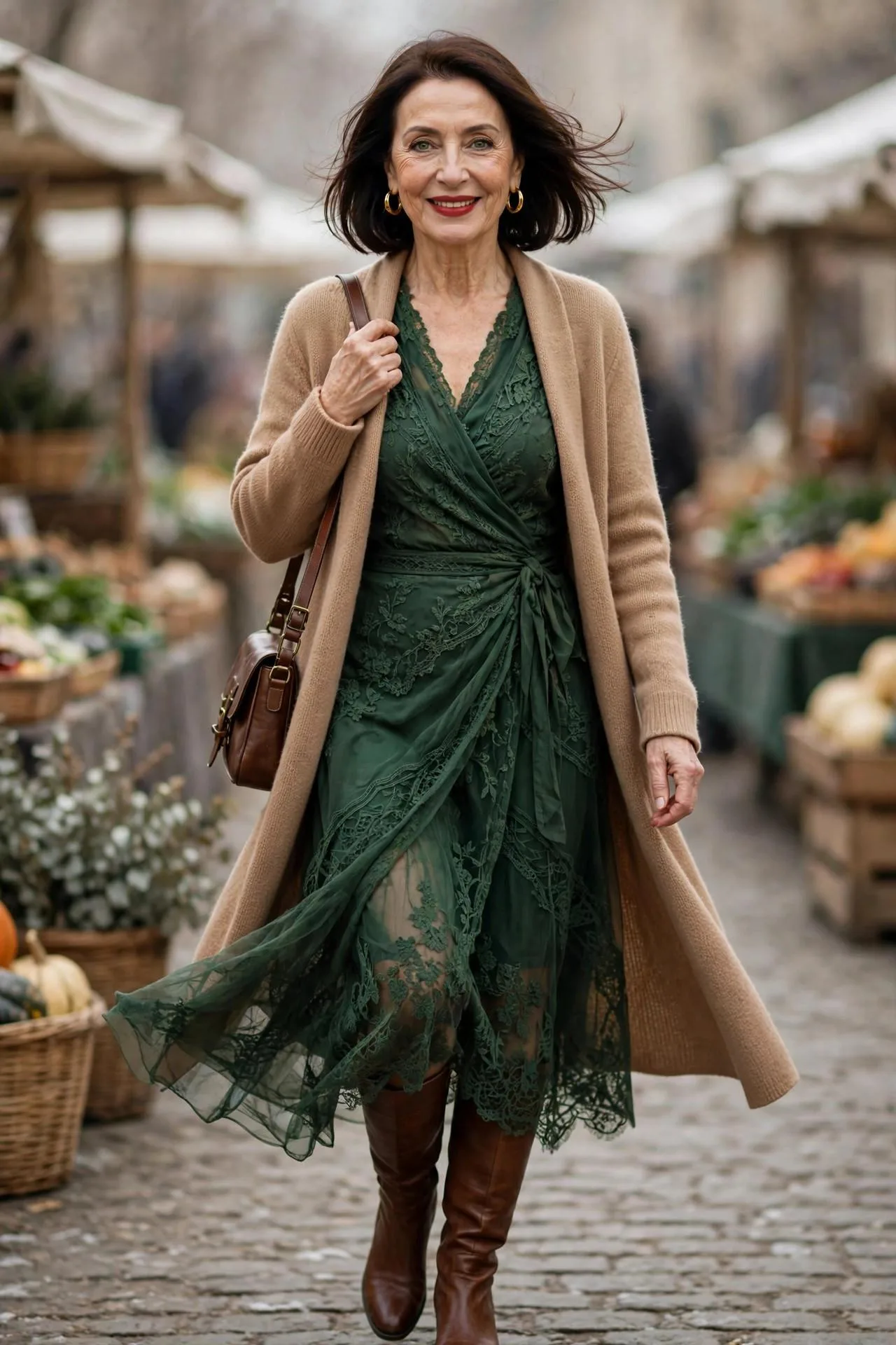 Joyful mature woman wearing forest green wrap dress, long camel cardigan and brown knee boots.