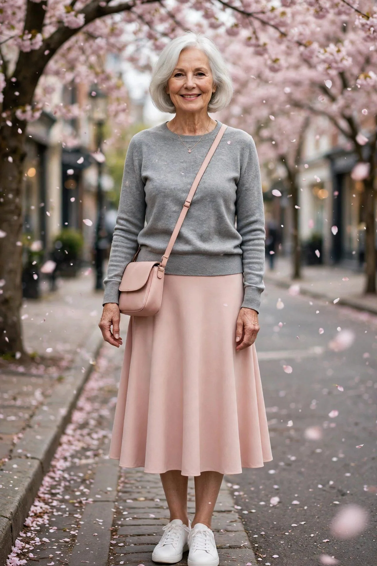 Woman over sixty in blush midi skirt among cherry blossoms.