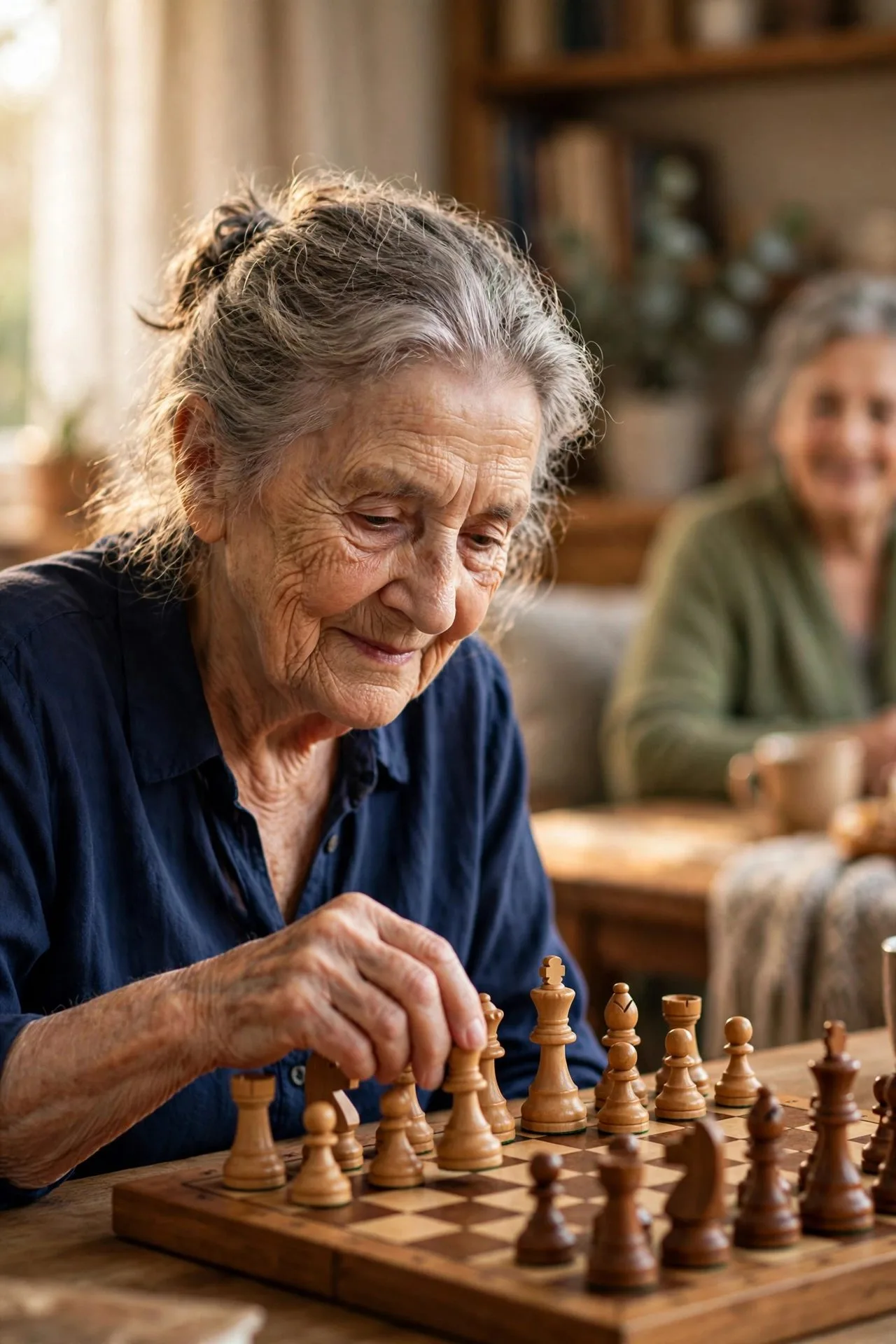 Two older adults playing an intense game of chess at home.