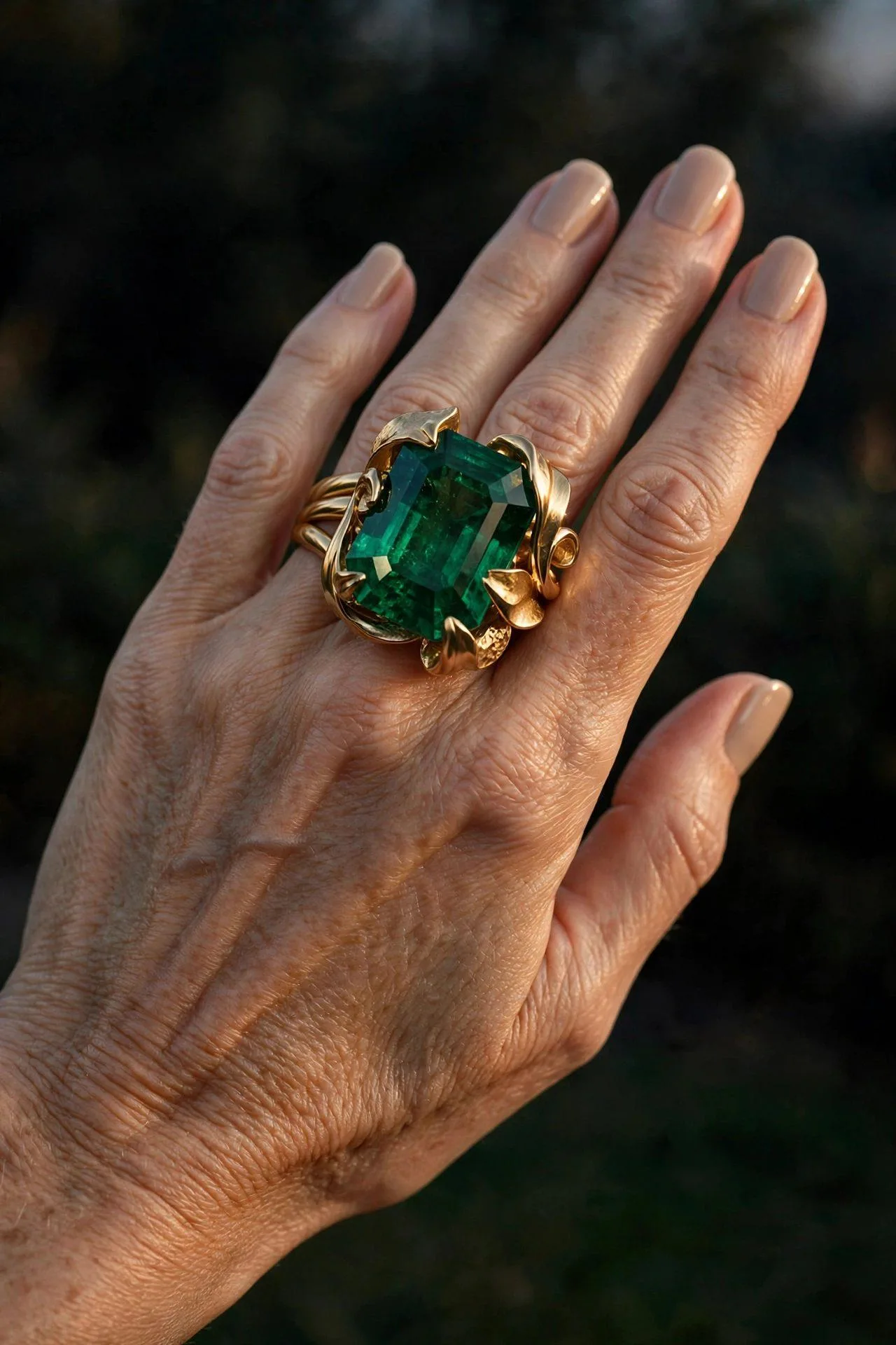 Striking amber cocktail ring standing alone on a manicured hand.
