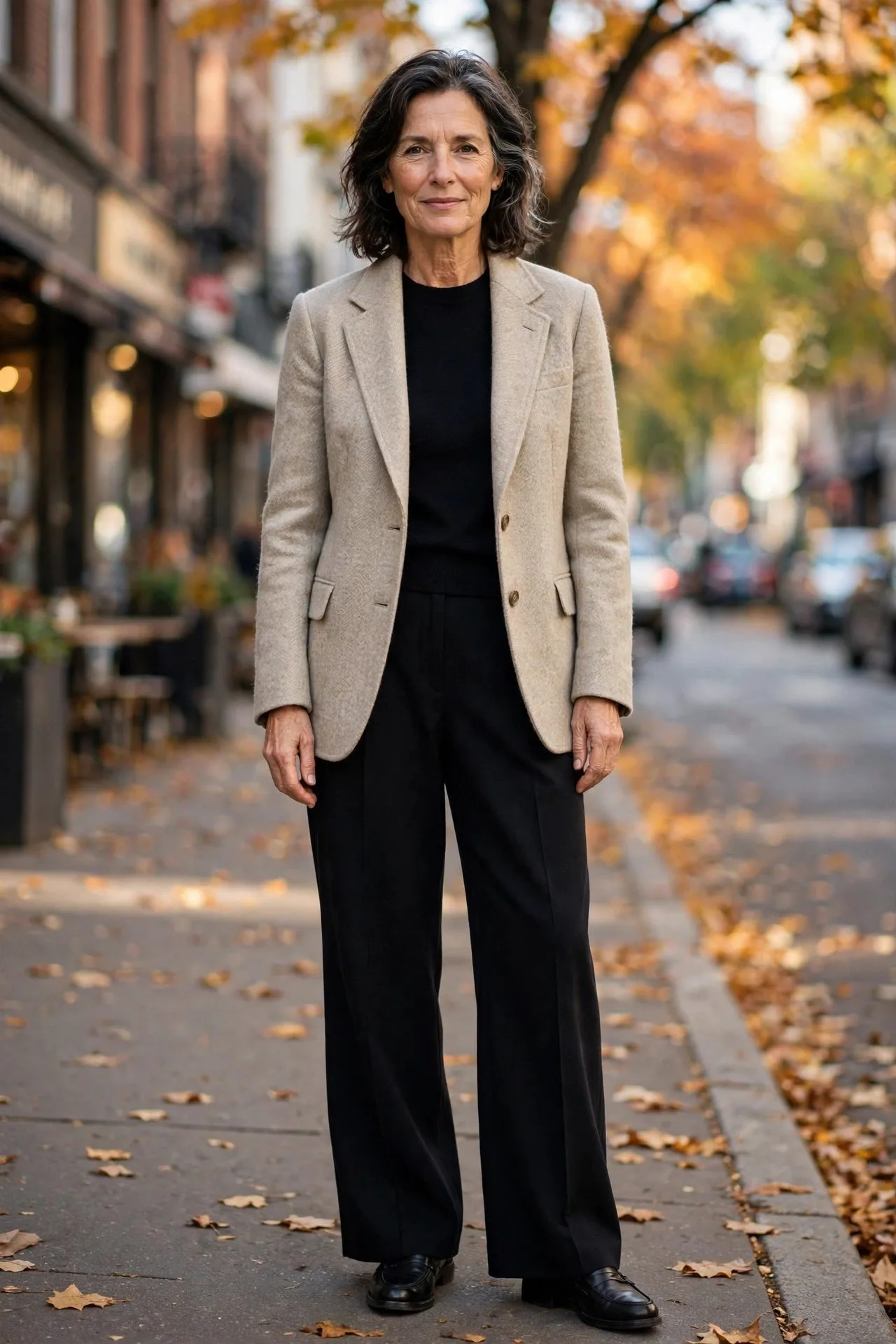Woman over 50 wearing oatmeal blazer with black wide-leg pants.