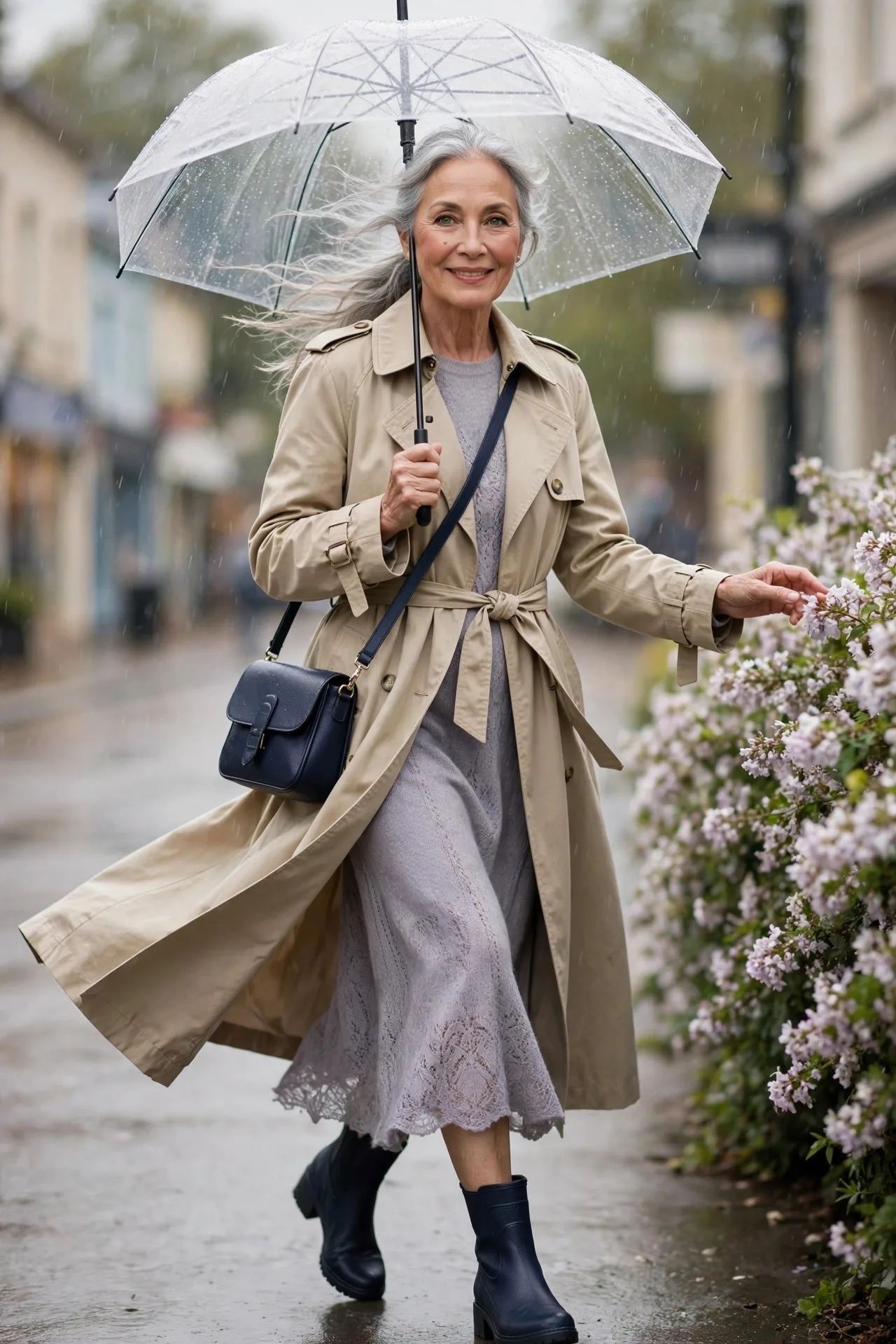 Rainy Day Trench — A stone gabardine classic trench coat with a belted waist, worn open over a lavender-grey fine-knit sweater dress.