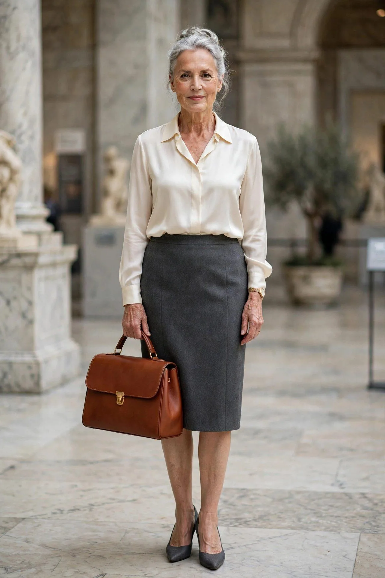 Refined sixty-something woman gripping a classic tan top-handle bag with minimal hardware at a gallery hall.