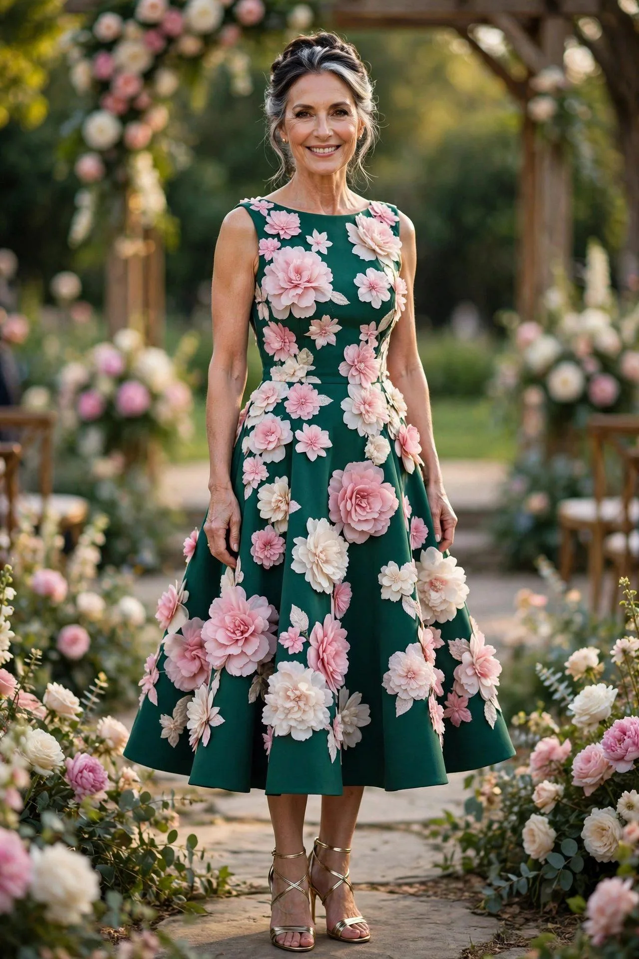 Glowing woman in an emerald applique-floral midi dress with shimmering heels celebrating at an outdoor wedding.