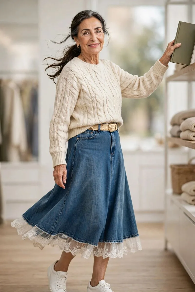 Tidy elegant older woman organizing a small shelf in a bright uncluttered room.