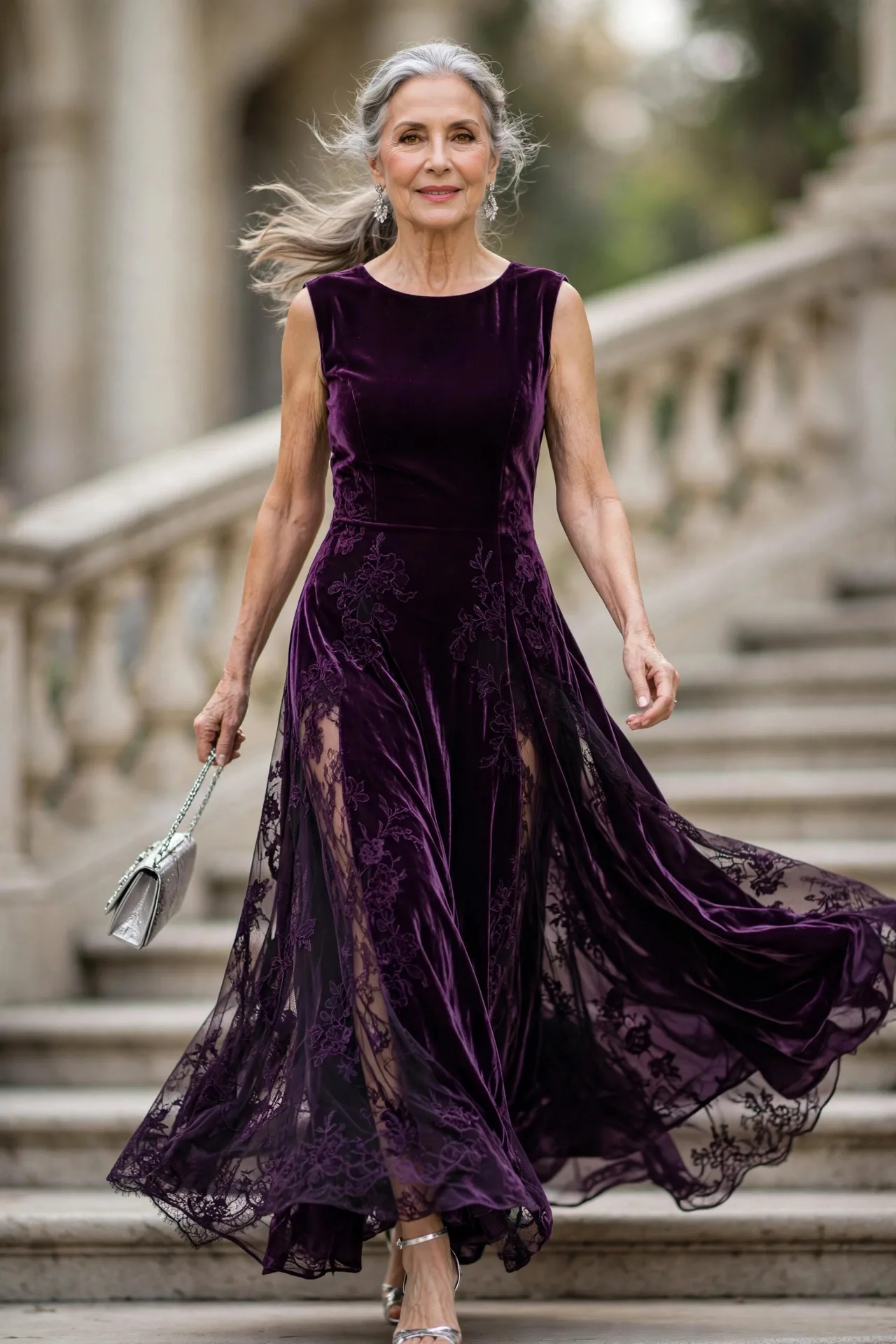 Regal mature woman wearing deep amethyst velvet gown at winter wedding