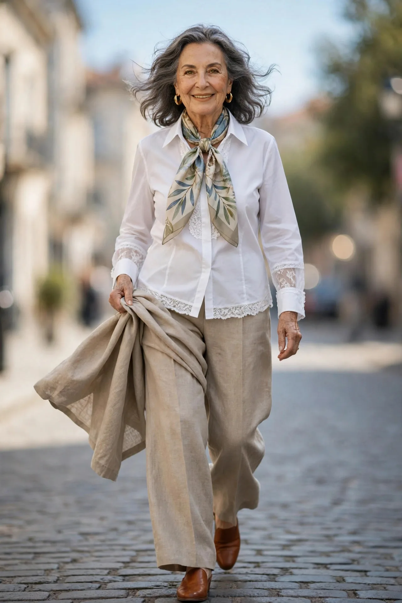 Linen Column Serene — A crisp white cotton-poplin shirt tucked into high-rise wide-leg natural linen trousers, with cognac leather mules and a silk scarf at the neck.