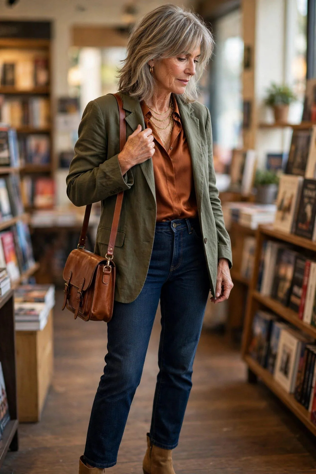Artistic older woman blending olive jacket, rust blouse and indigo denim
