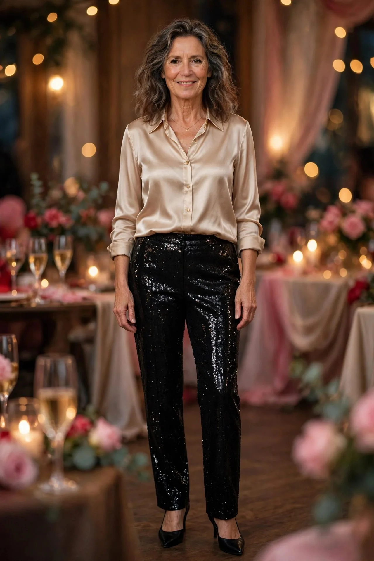 Woman in champagne silk blouse with black sequin trousers