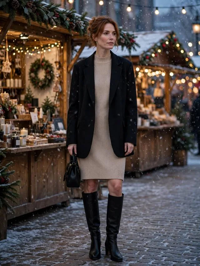 Oversized black blazer layered over ribbed sweater dress with knee-high boots.