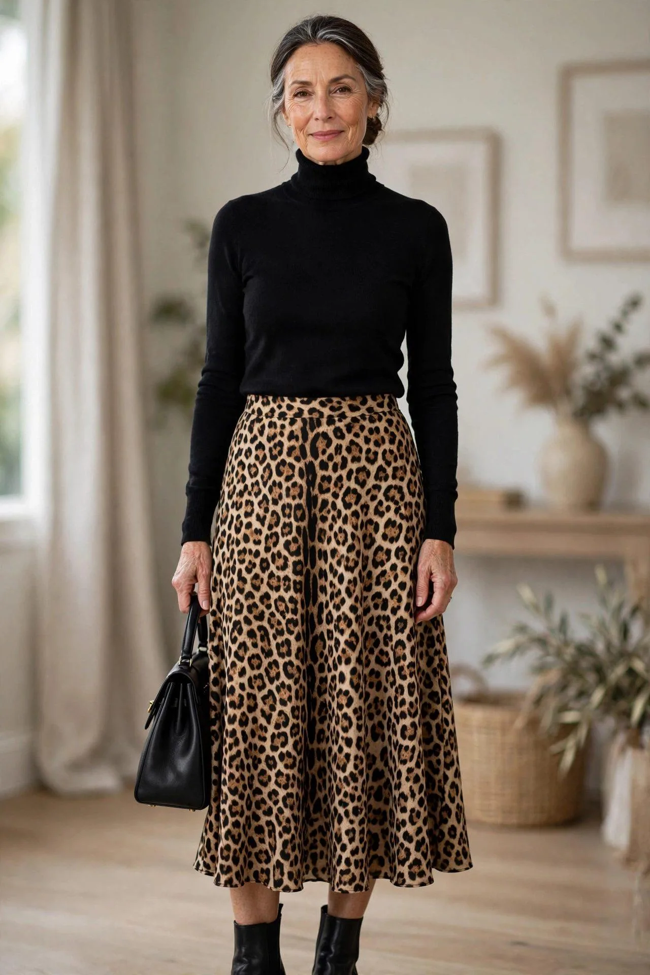 Graceful woman in her fifties styling animal print midi skirt with black turtleneck