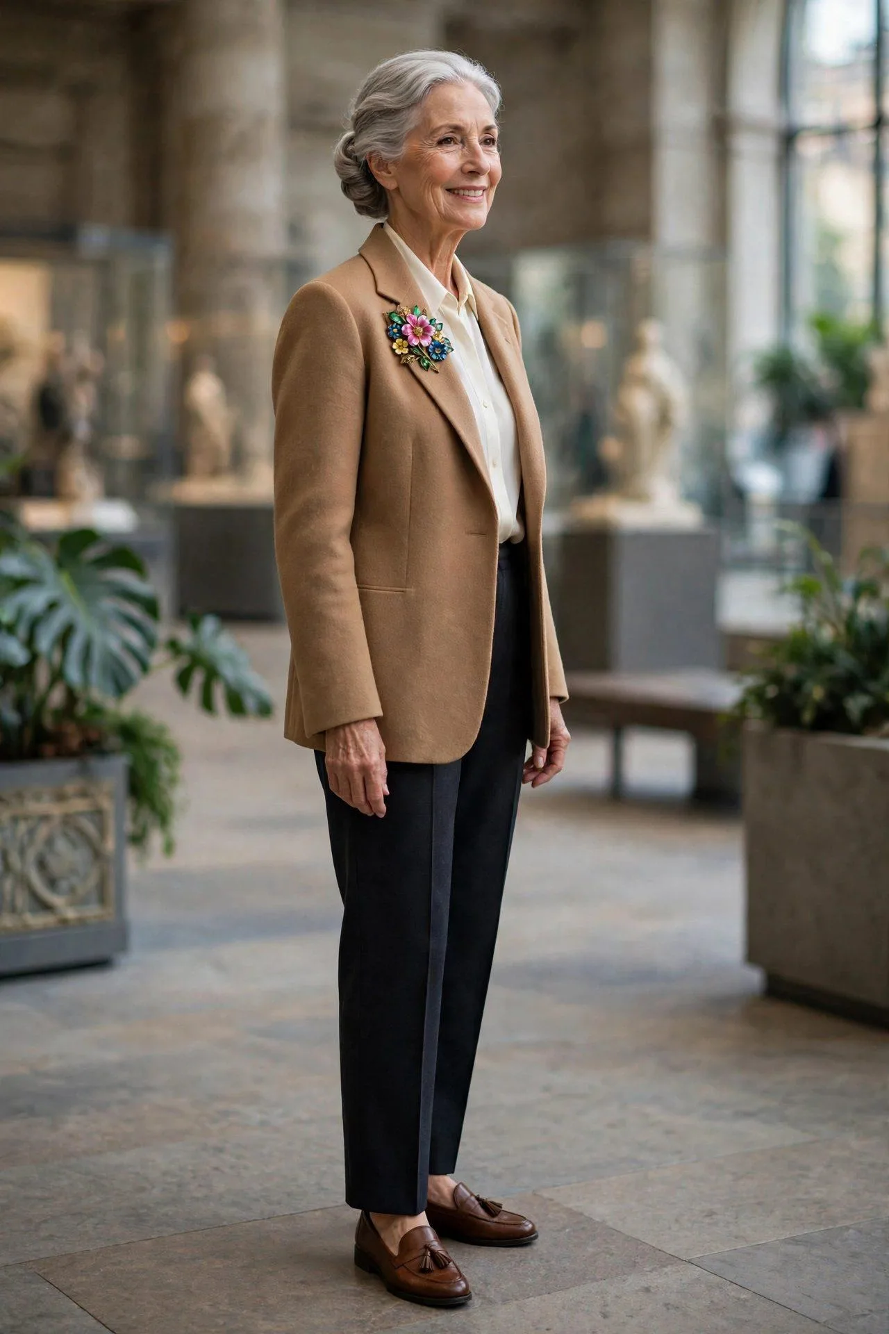 Colorful enamel brooch fastened to the lapel of a charcoal wool coat.