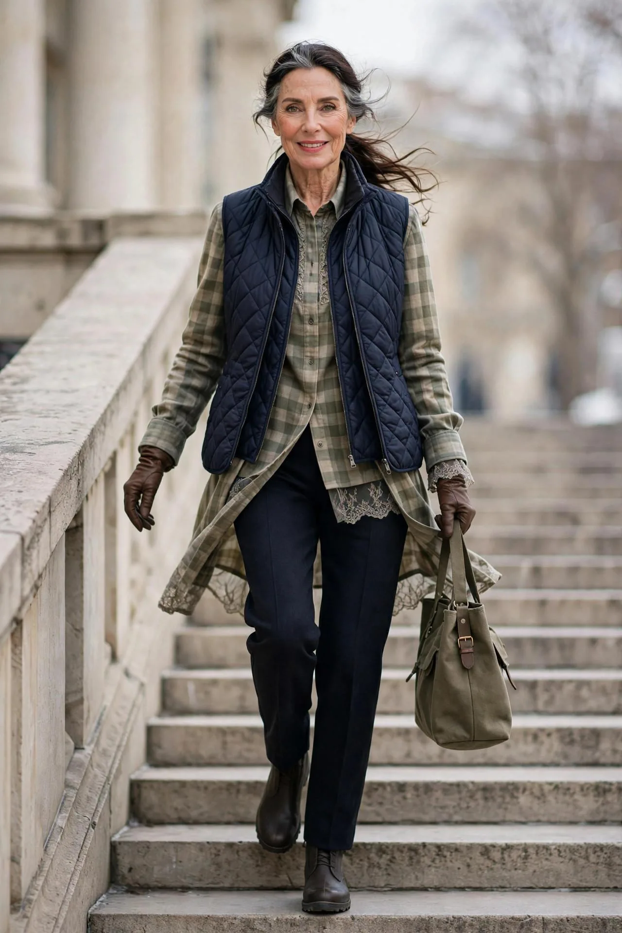 Relaxed mature woman in quilted vest over flannel shirt with dark tailored trousers outdoors.