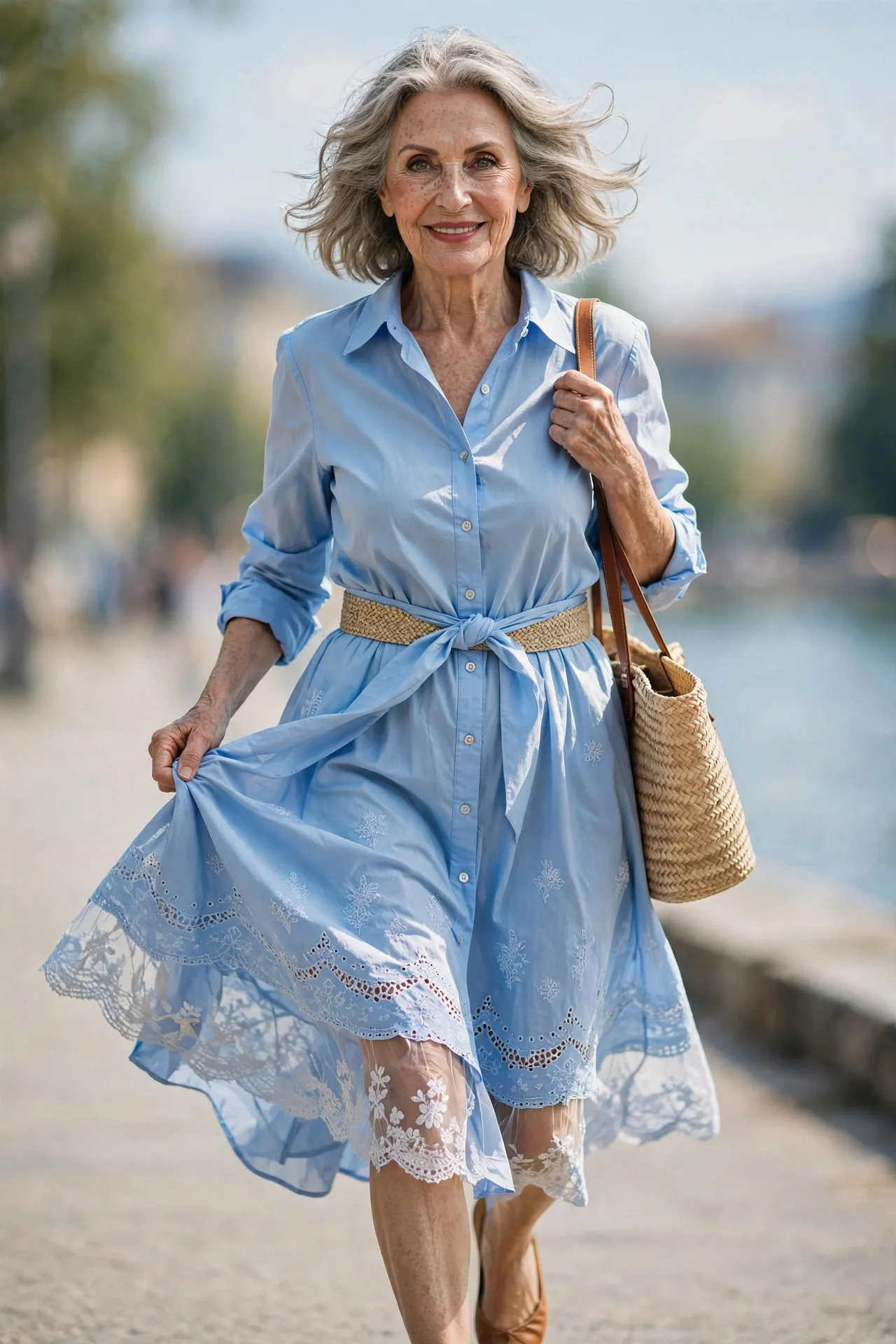 Belted Shirt Dress — A sky-blue cotton poplin shirt dress with a self belt cinched at the waist, sleeves pushed to the elbow, and tan leather ballet flats.