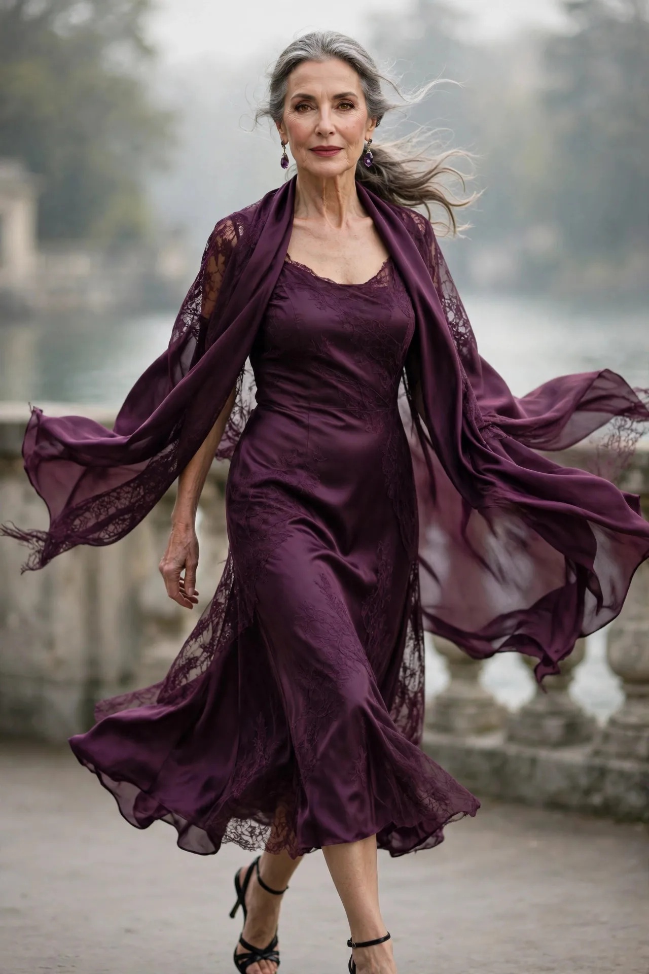 Elegant mature woman in plum satin midi dress with matching shawl