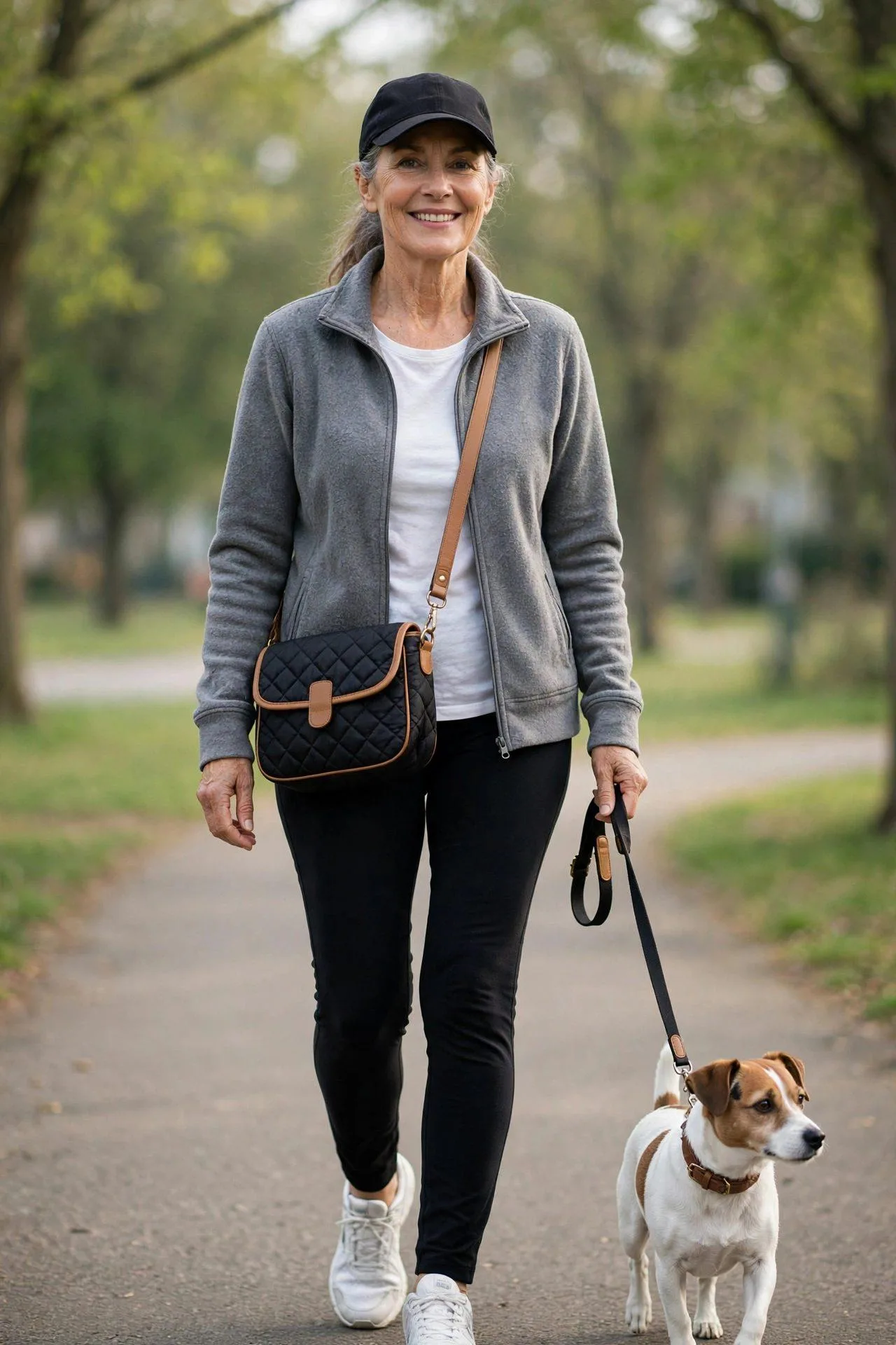 Energetic fifties woman on a park walk with her pet, wearing a padded black quilted crossbody with leather accents.