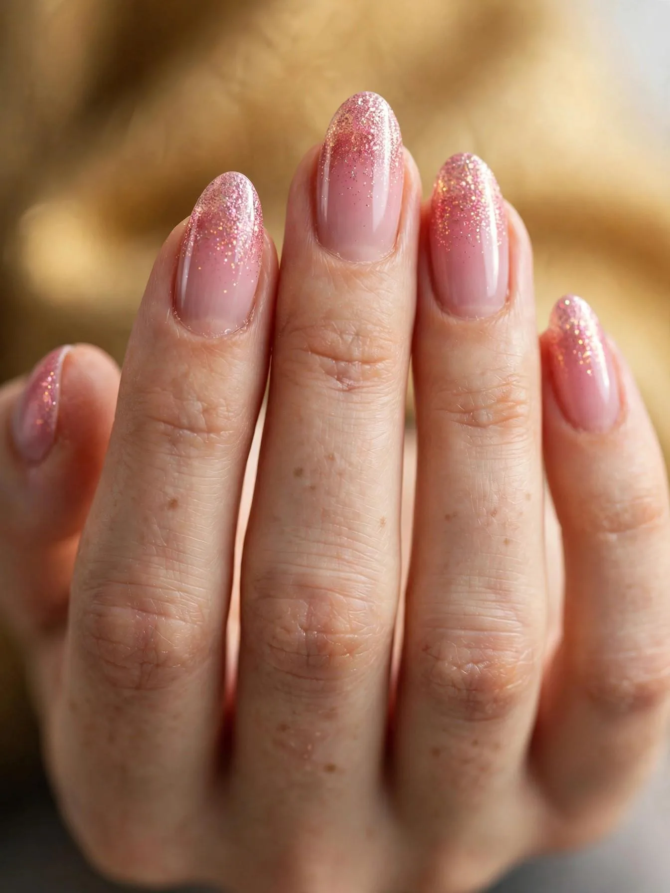 Soft pink almond nails dissolving into sunset glitter at the tips.