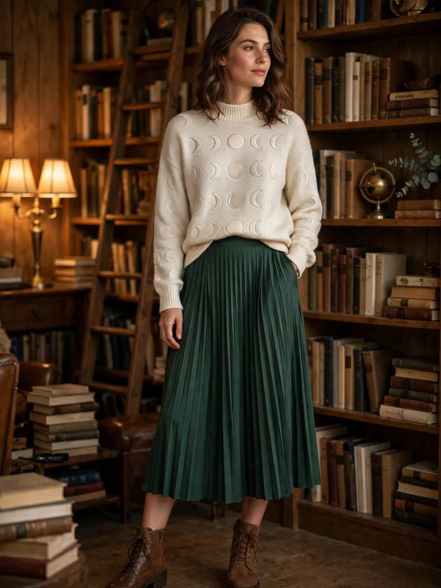 Cream moon-phase sweater tucked into a pleated deep green midi skirt.