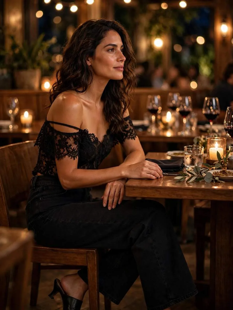 Woman wearing an off-shoulder black lace top with wide-leg jeans.