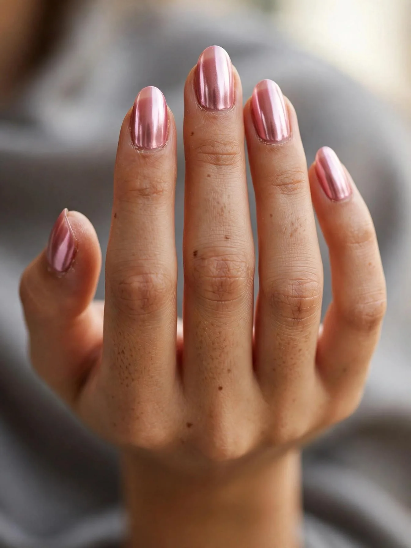 Almond nails coated in reflective pink chrome with liquid-metal shine.