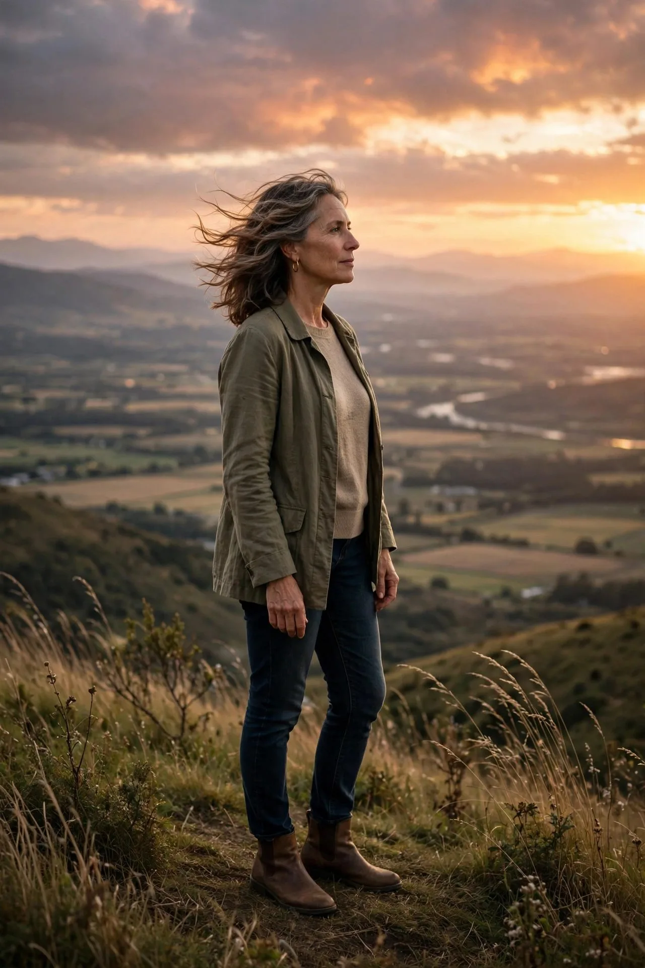 Grounded older woman standing tall in a peaceful meadow