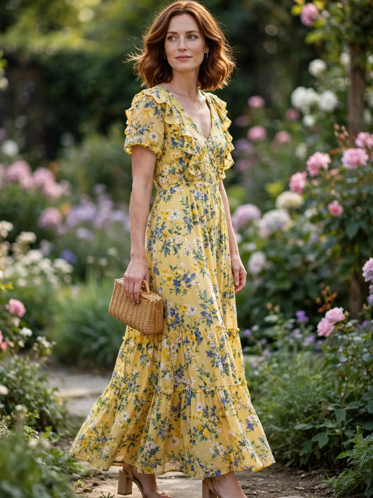 Woman in a yellow floral maxi dress at a garden party.