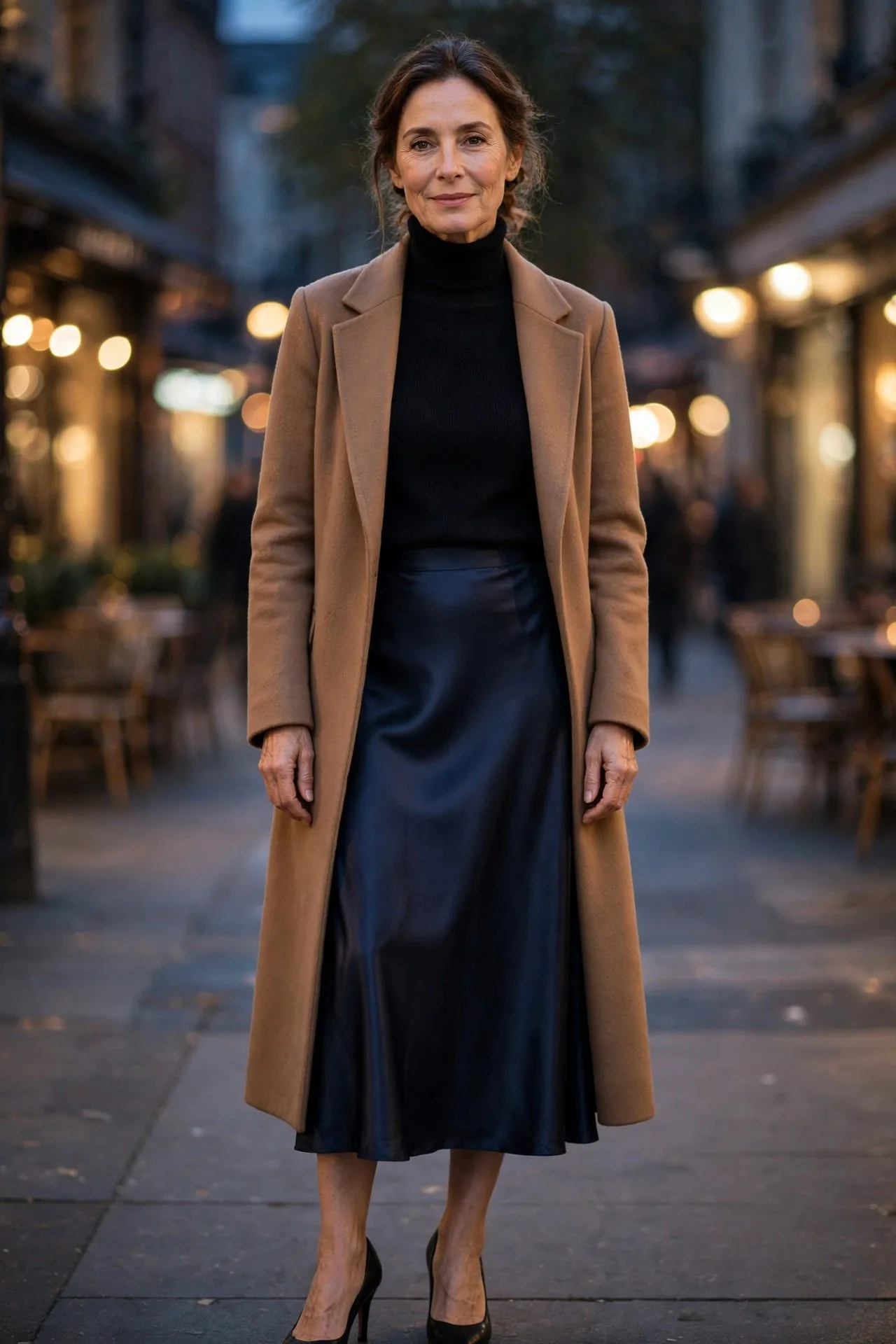 Woman over 50 in black turtleneck with navy satin skirt